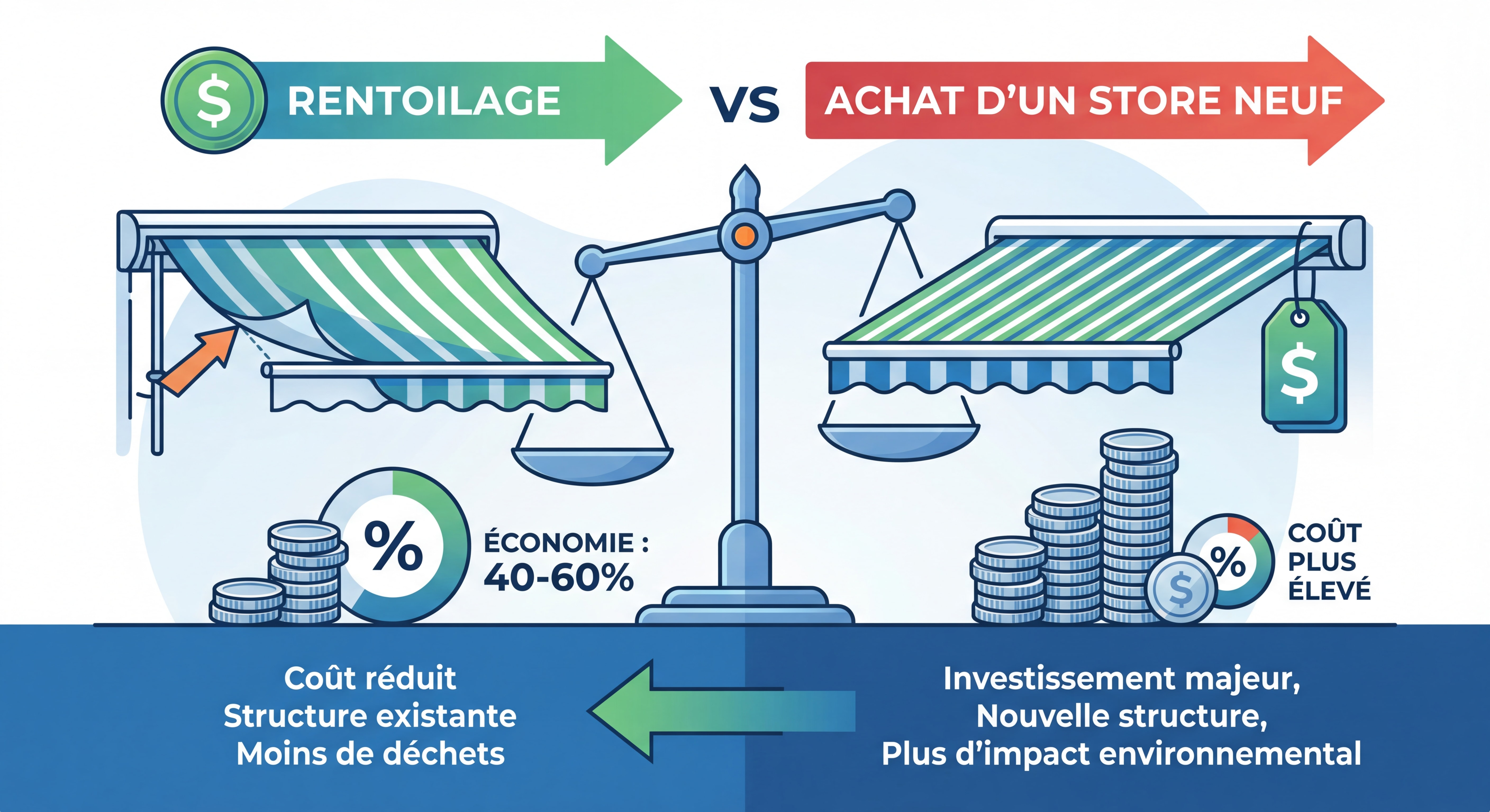 Infographie comparant visuellement le coût du rentoilage versus l'achat d'un store neuf avec pourcentages d'économie