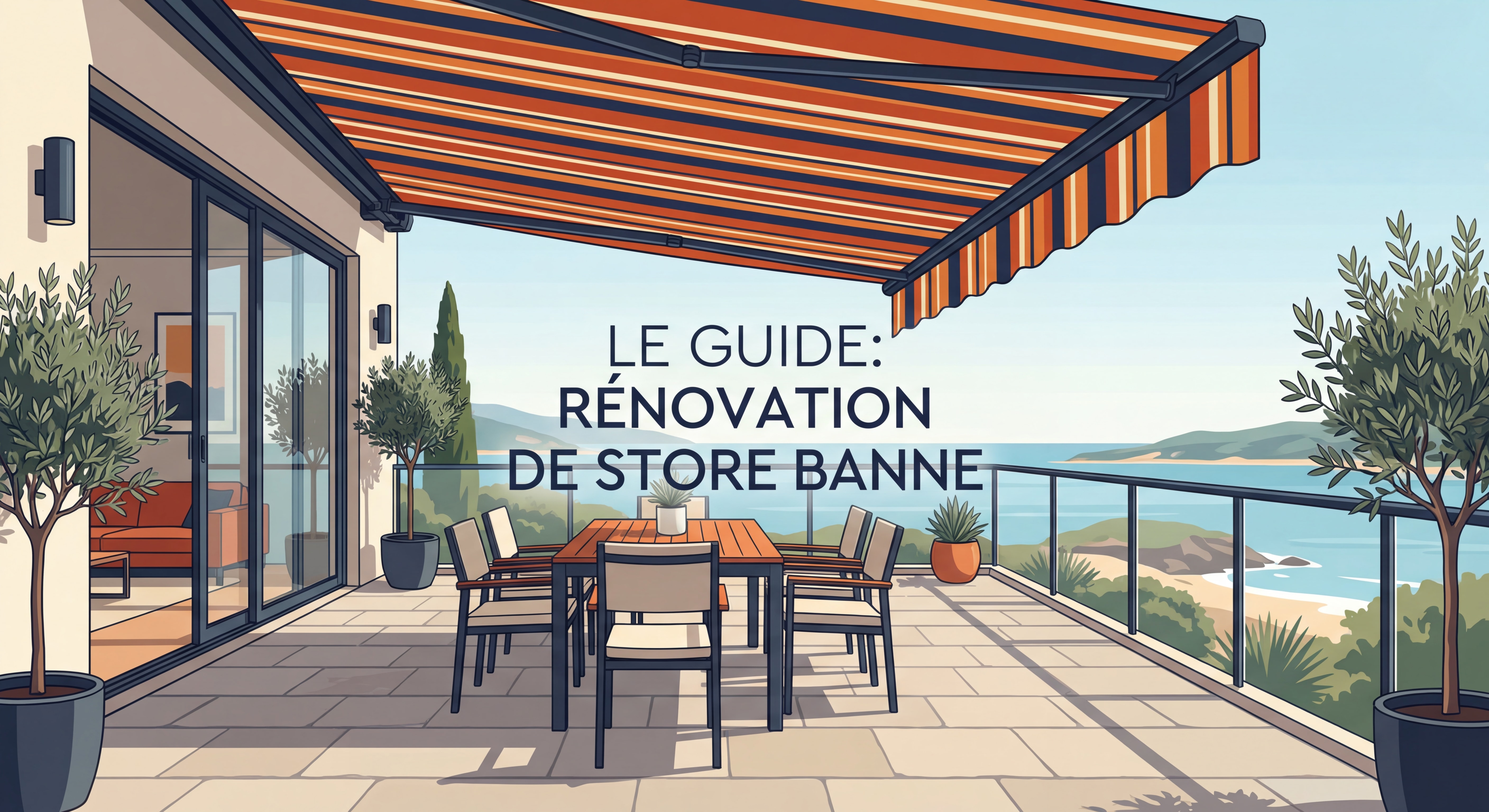 Store banne rentoilé avec toile neuve installé sur une belle terrasse moderne, résultat final professionnel avec couleurs vives