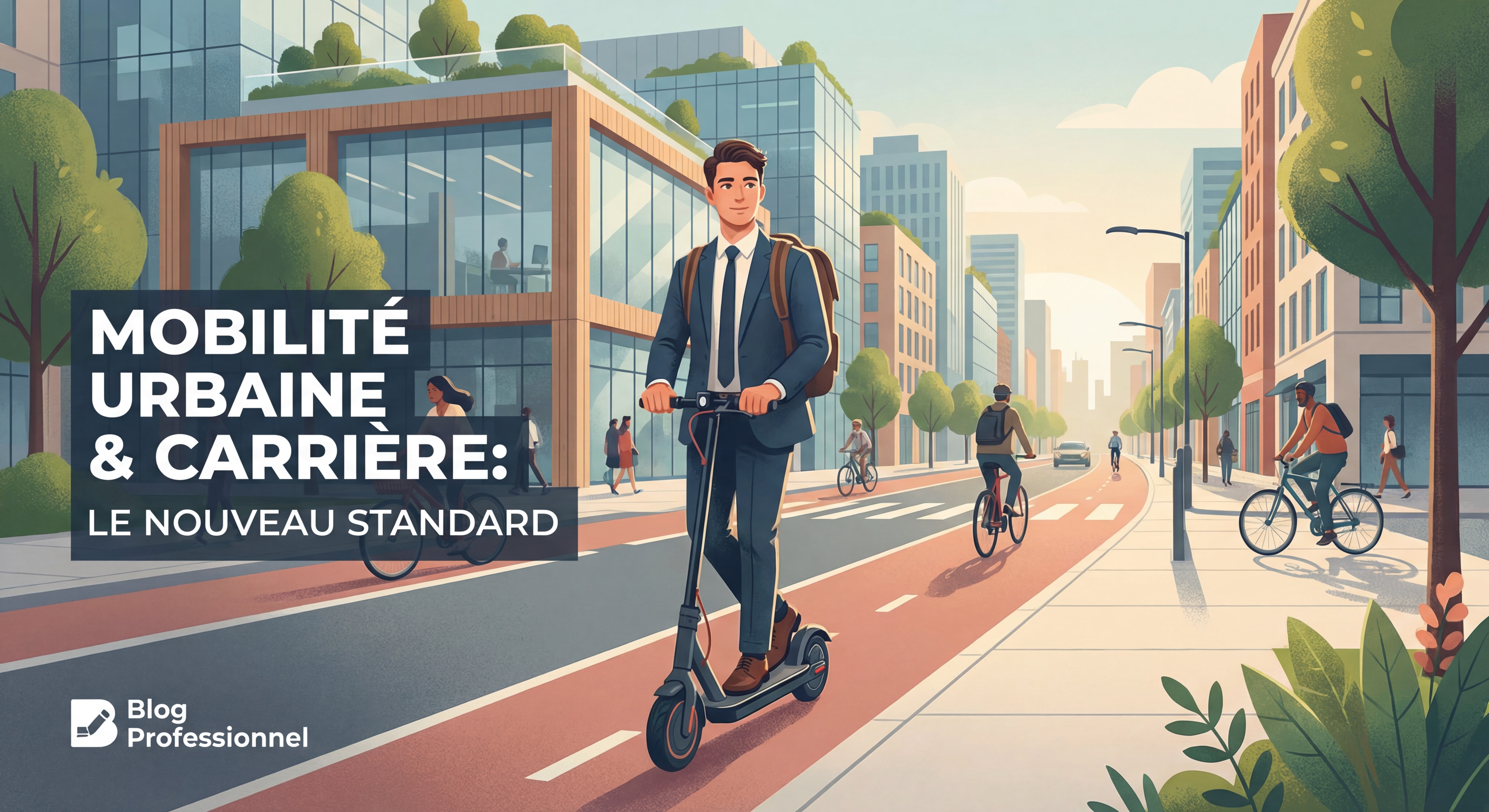 Jeune professionnel en costume sur trottinette électrique dans une rue urbaine moderne avec piste cyclable