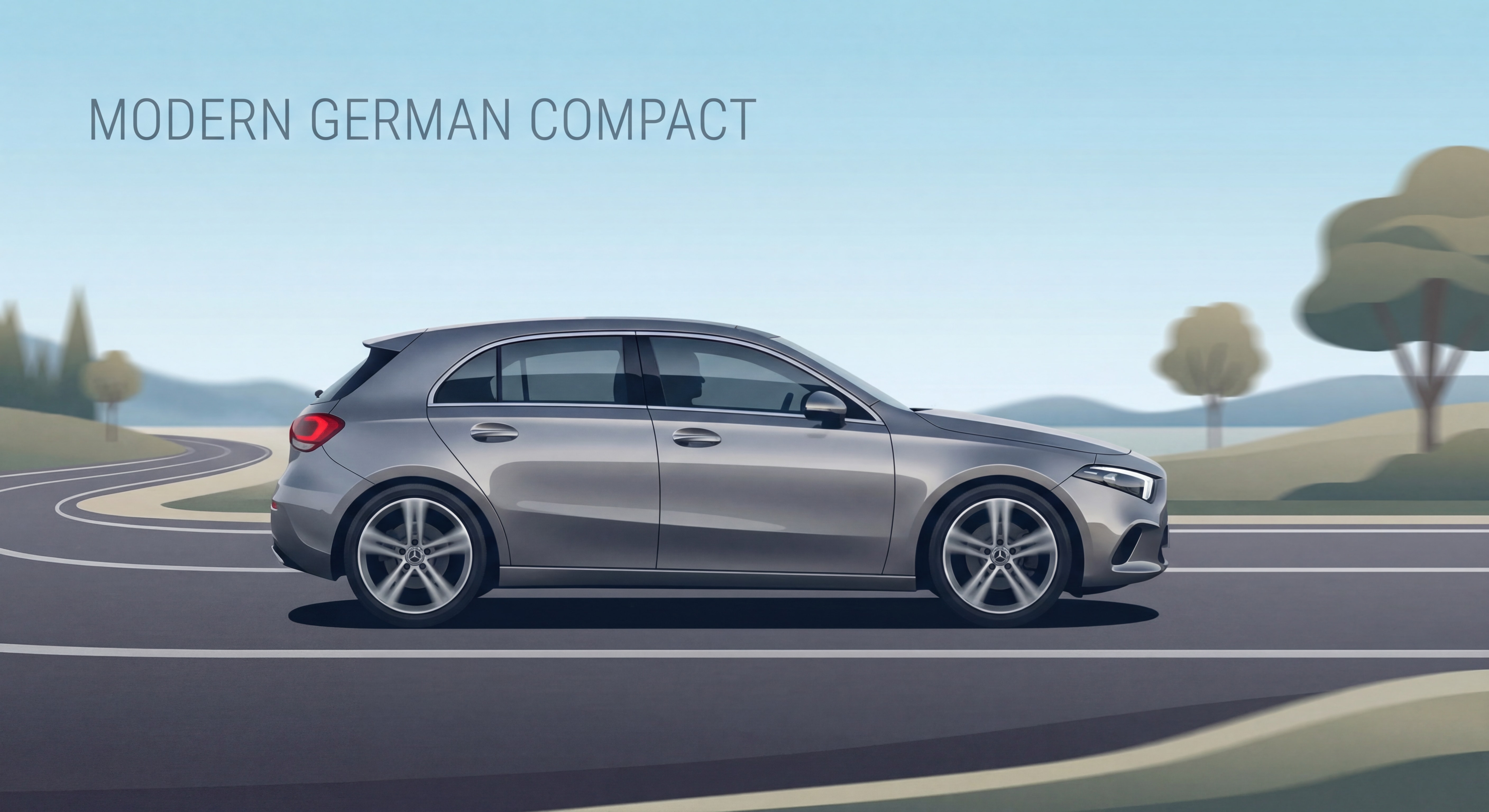 Mercedes Classe A W177 profil latéral gris métallisé sur route, design moderne et élégant de la compacte premium allemande