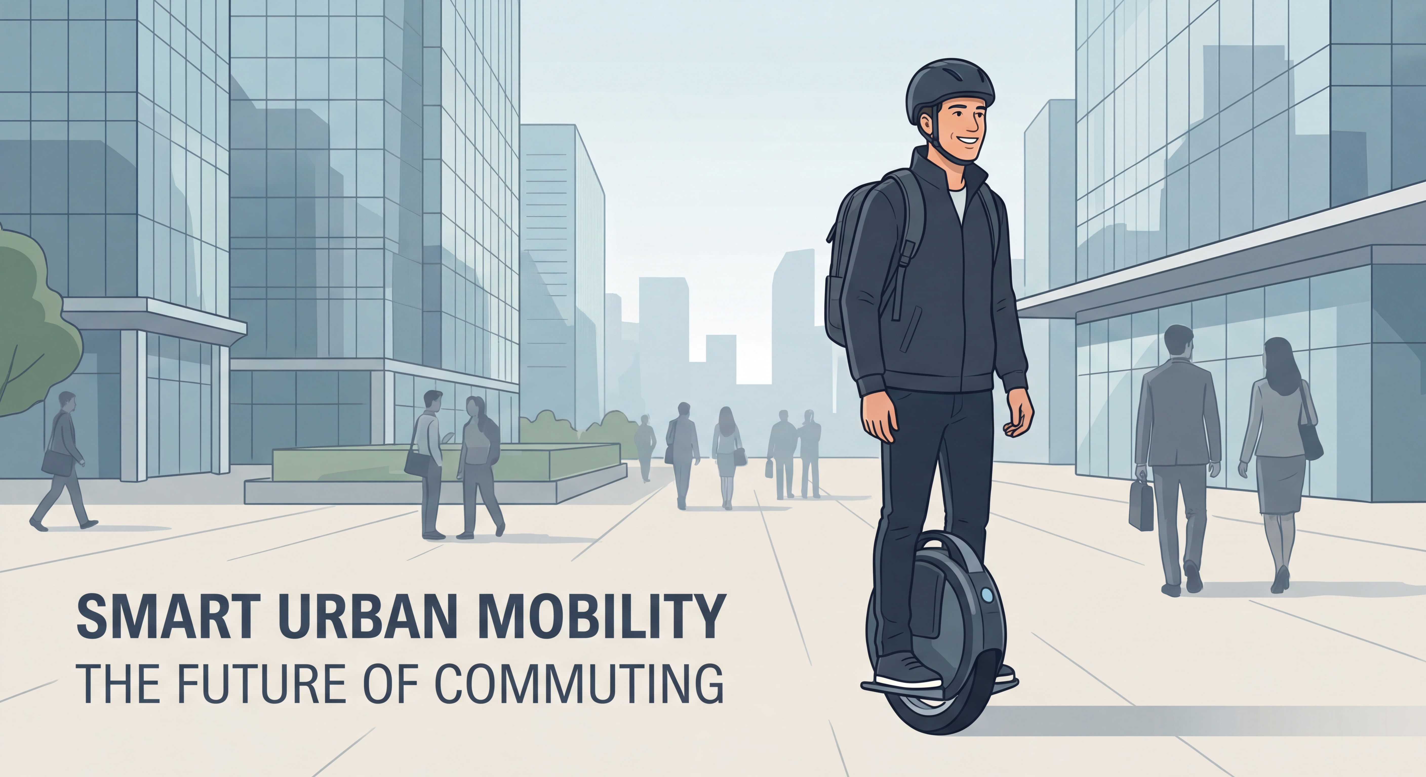 Homme de 40 ans souriant sur une gyroroue en milieu urbain moderne, trajet domicile-travail