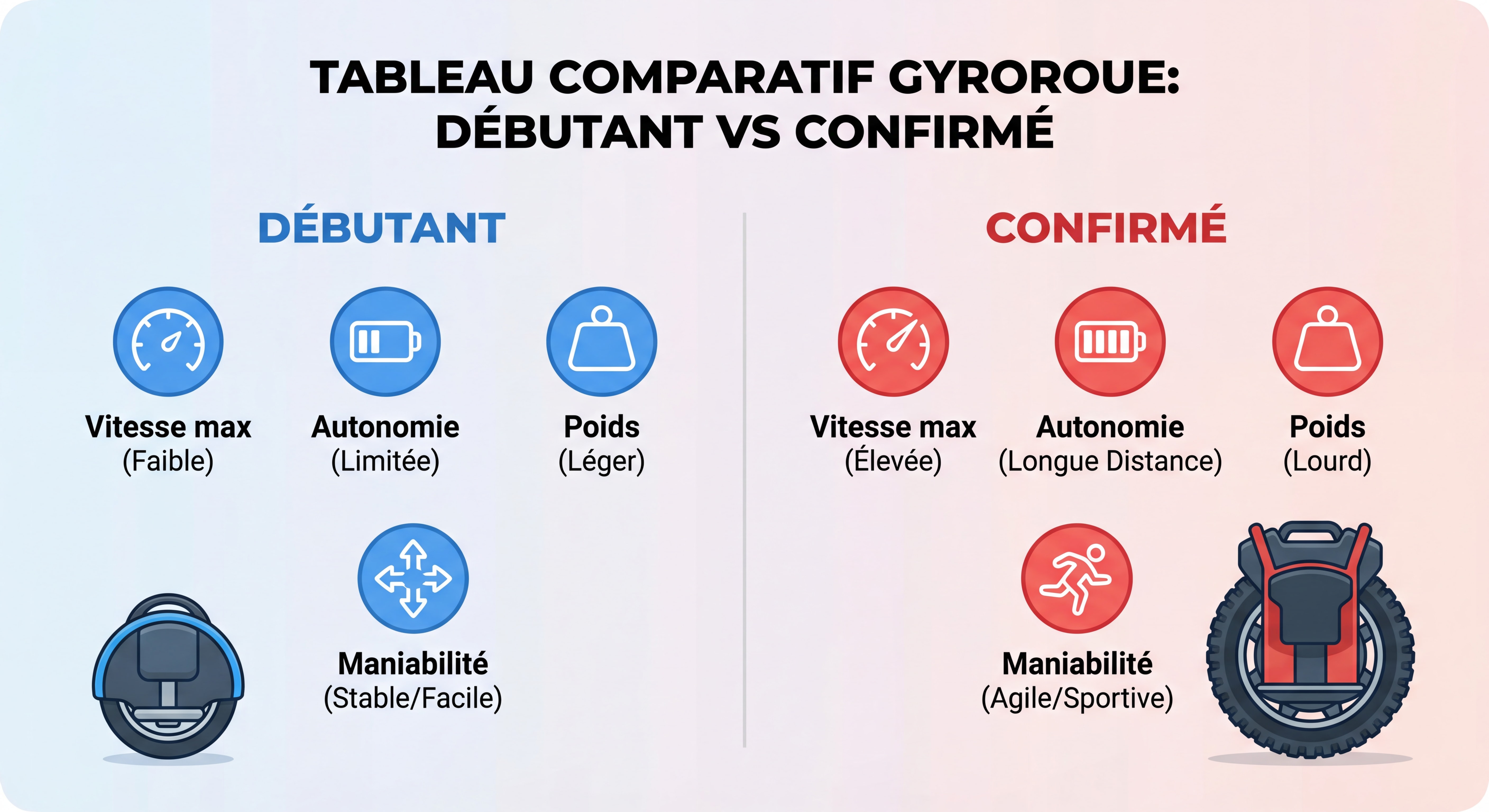 Tableau comparatif visuel entre gyroroue débutant et confirmé avec caractéristiques clés