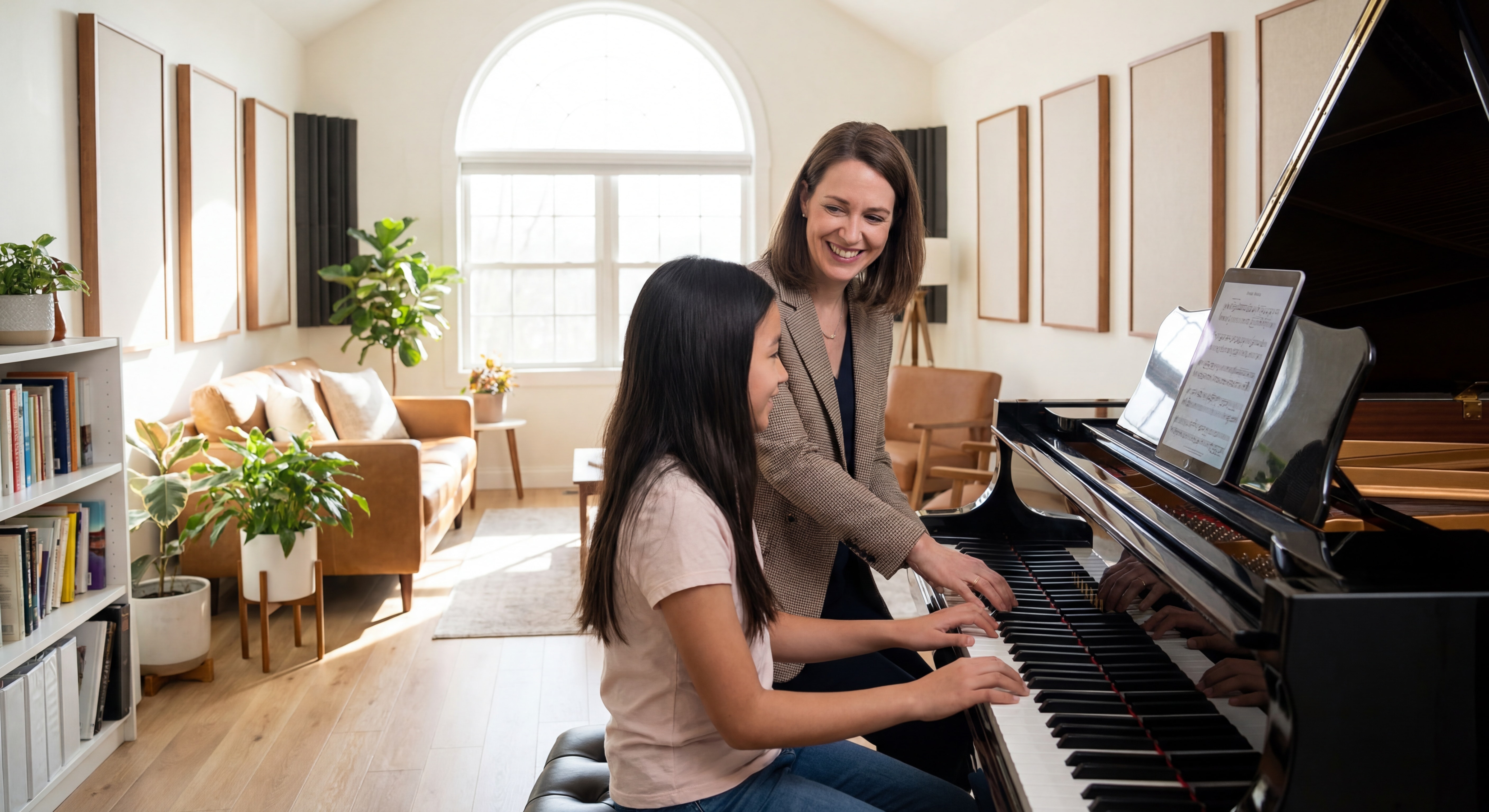 Professeur de musique donnant un cours de piano à un élève dans un studio lumineux et chaleureux, ambiance professionnelle et bienveillante