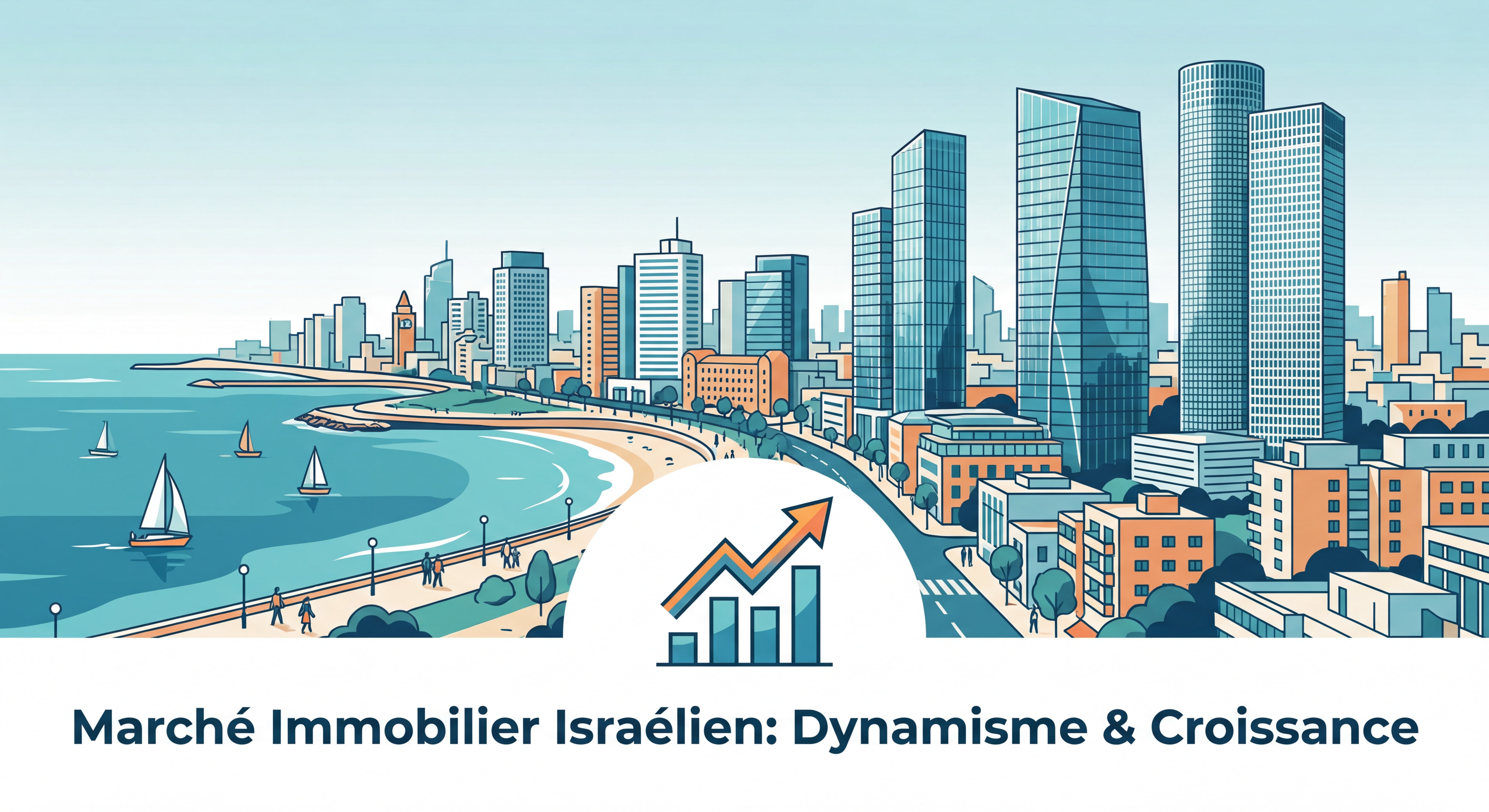 Vue panoramique moderne de Tel Aviv avec ses gratte-ciels et son front de mer méditerranéen, symbolisant le dynamisme du marché immobilier israélien