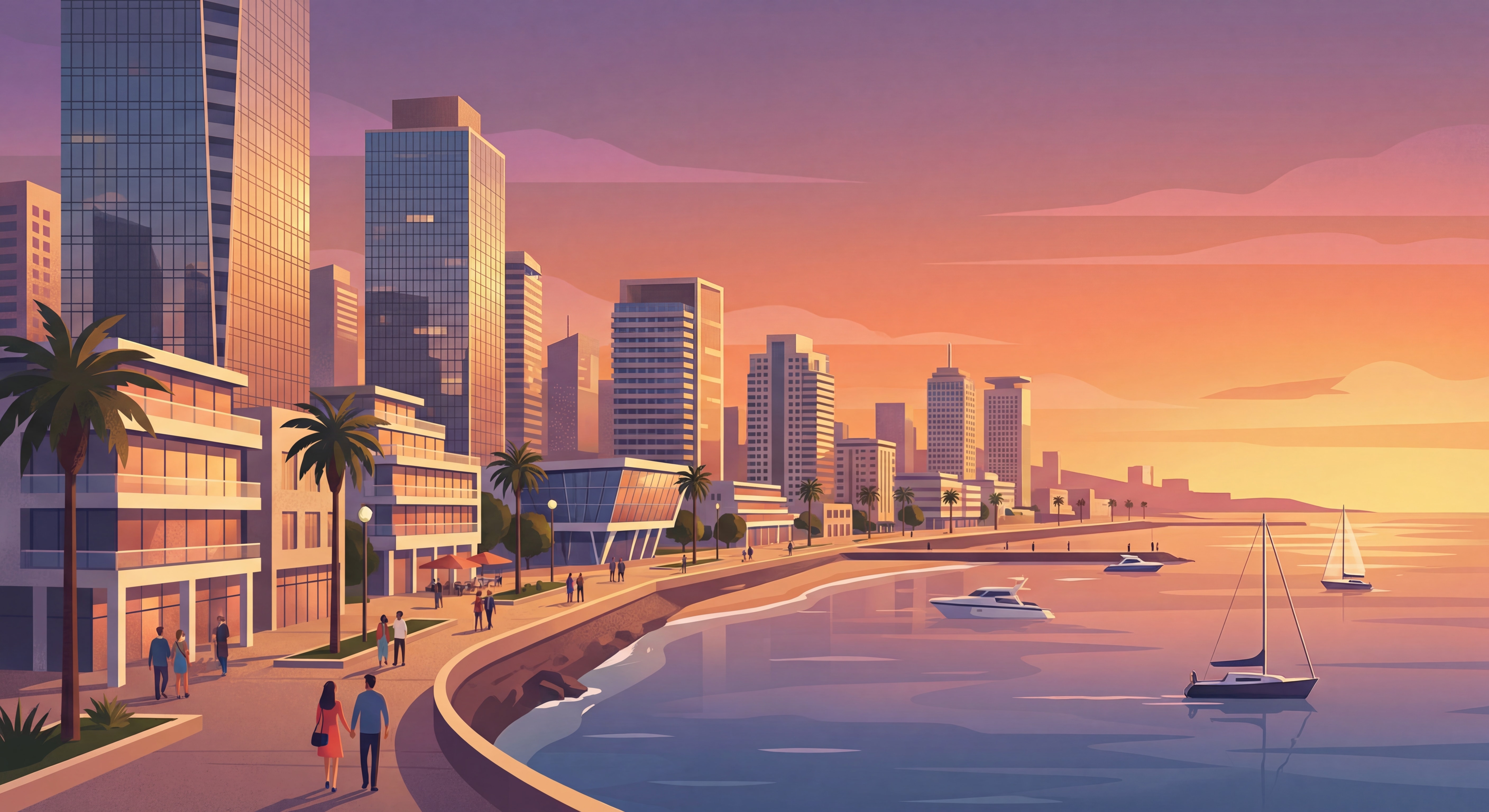 Vue panoramique moderne de Tel Aviv avec ses gratte-ciels et son front de mer méditerranéen au coucher du soleil