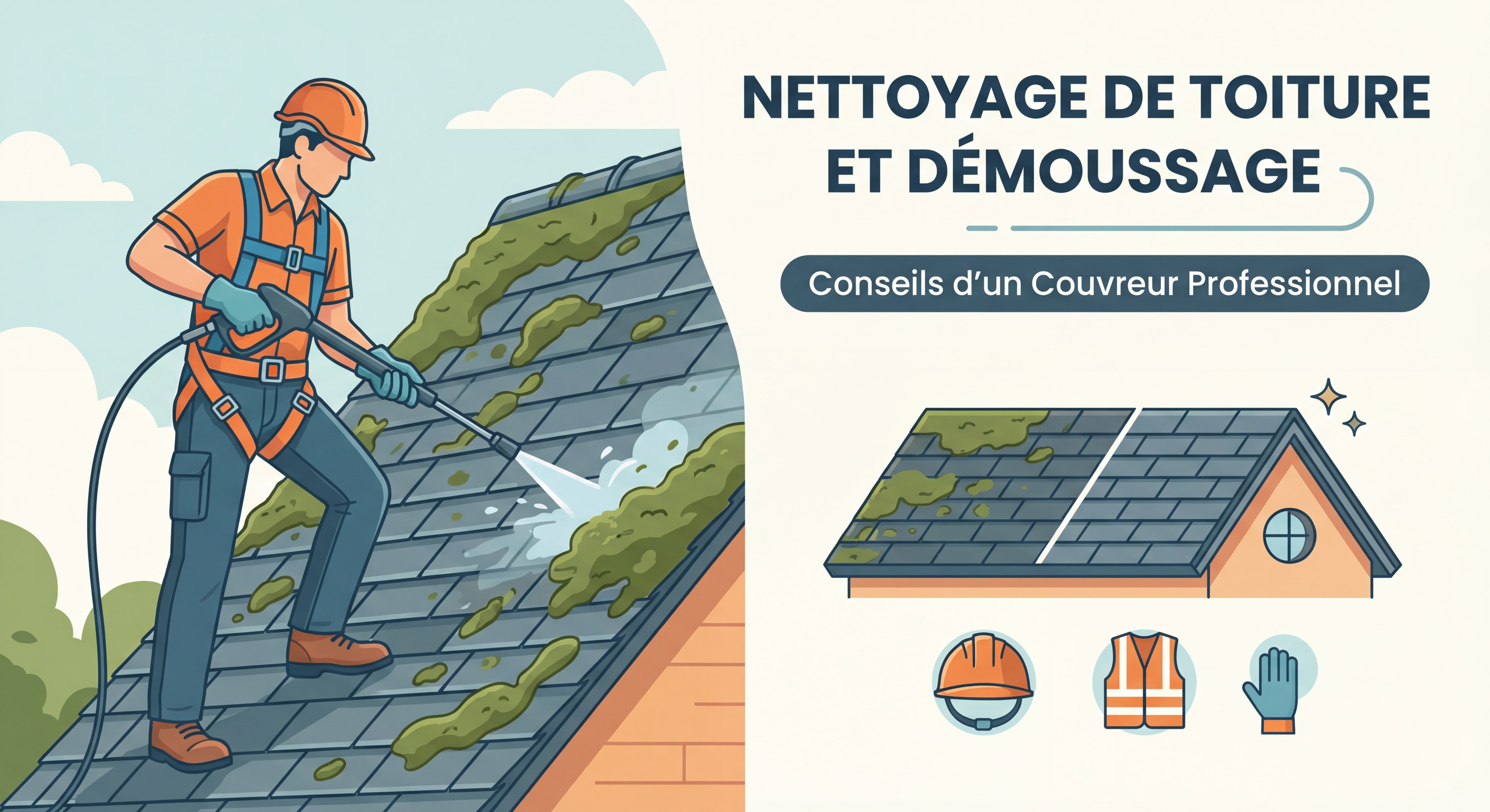 Couvreur professionnel en équipement de sécurité effectuant un nettoyage de toiture normande avec démoussage