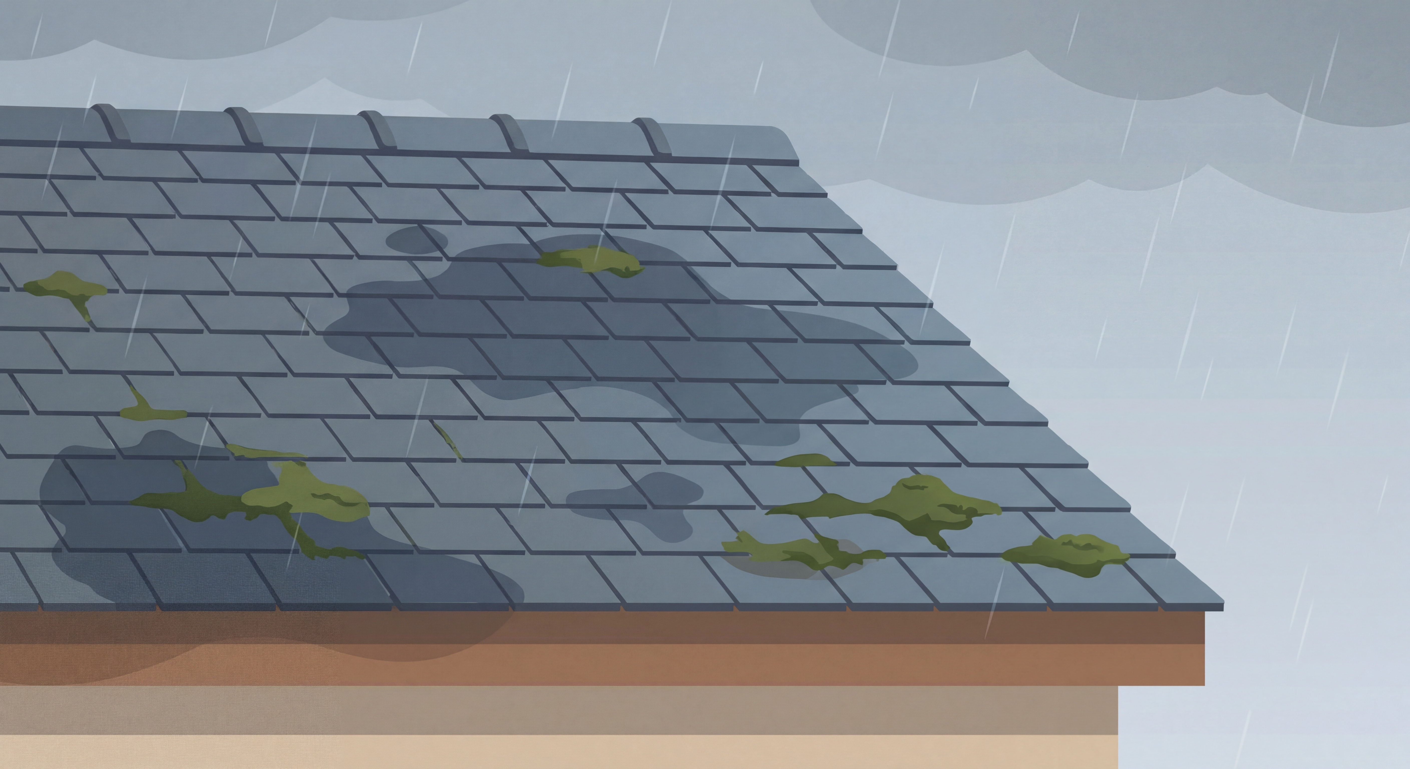 Toiture normande en ardoise avec traces d'infiltration d'eau et mousse, sous un ciel pluvieux typique de la région