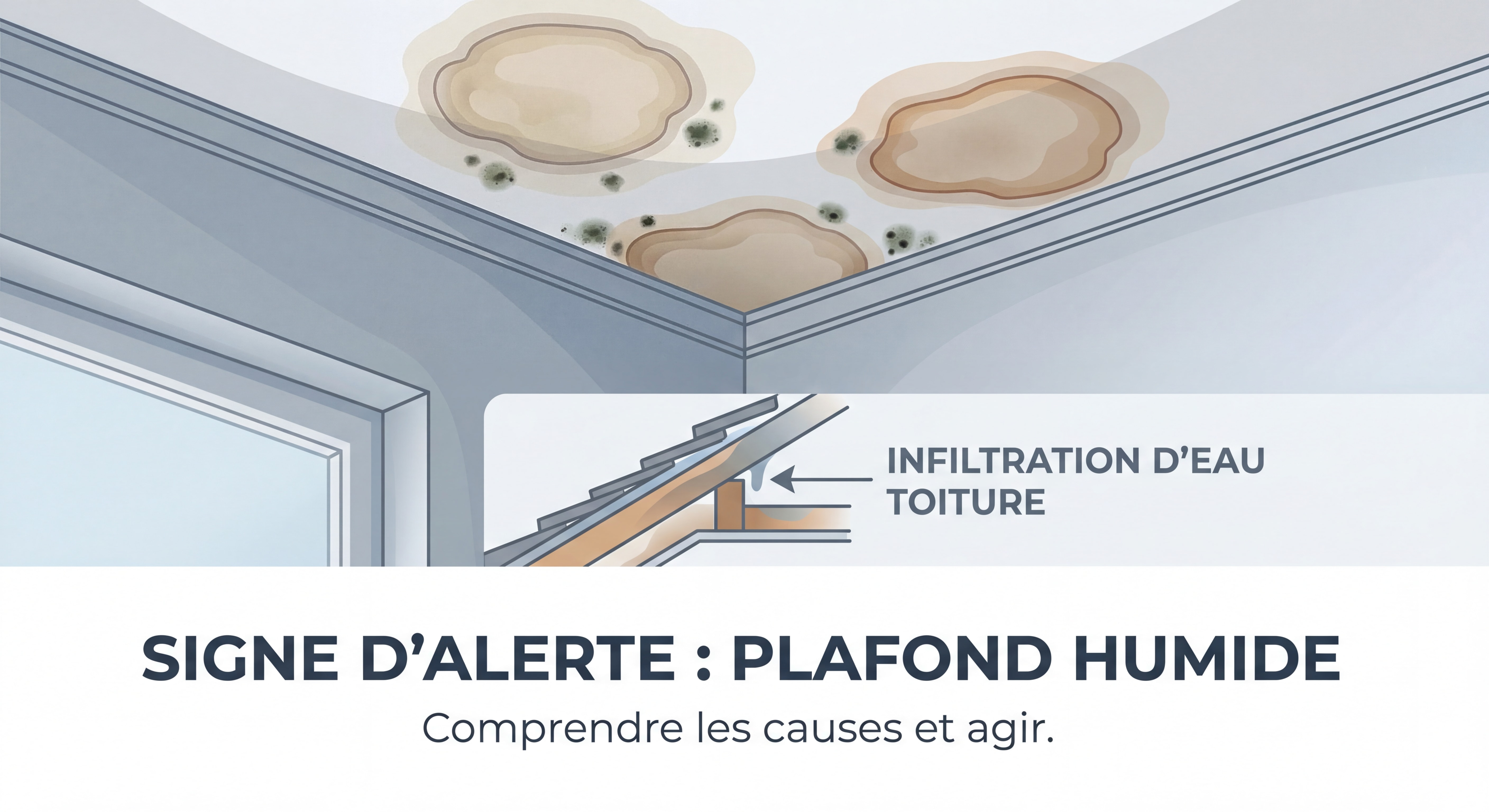 Plafond intérieur avec taches d'humidité circulaires et moisissures, signe d'infiltration d'eau par la toiture