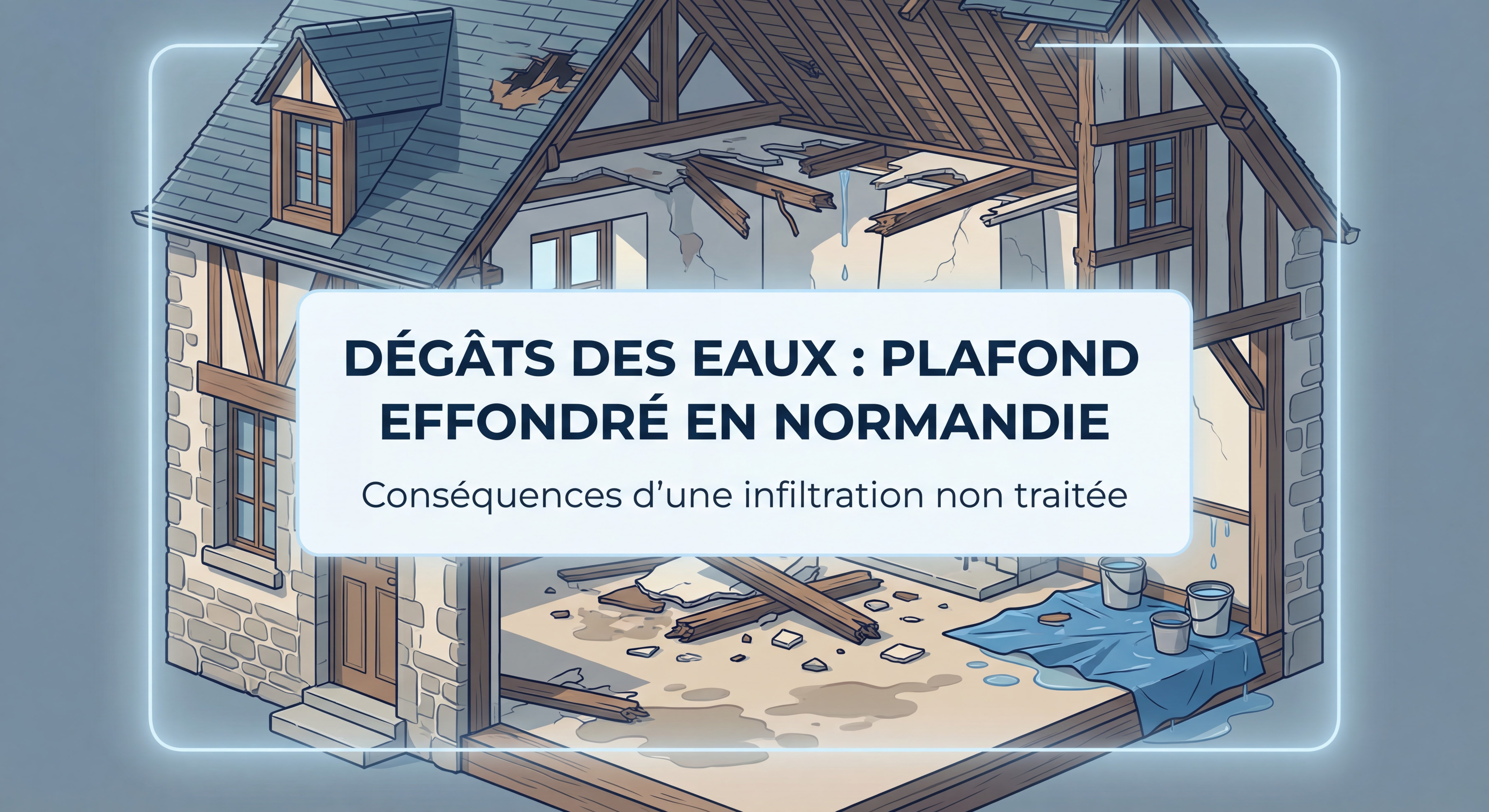 Plafond effondré dans une maison normande suite à infiltration d'eau prolongée non traitée, dégâts importants