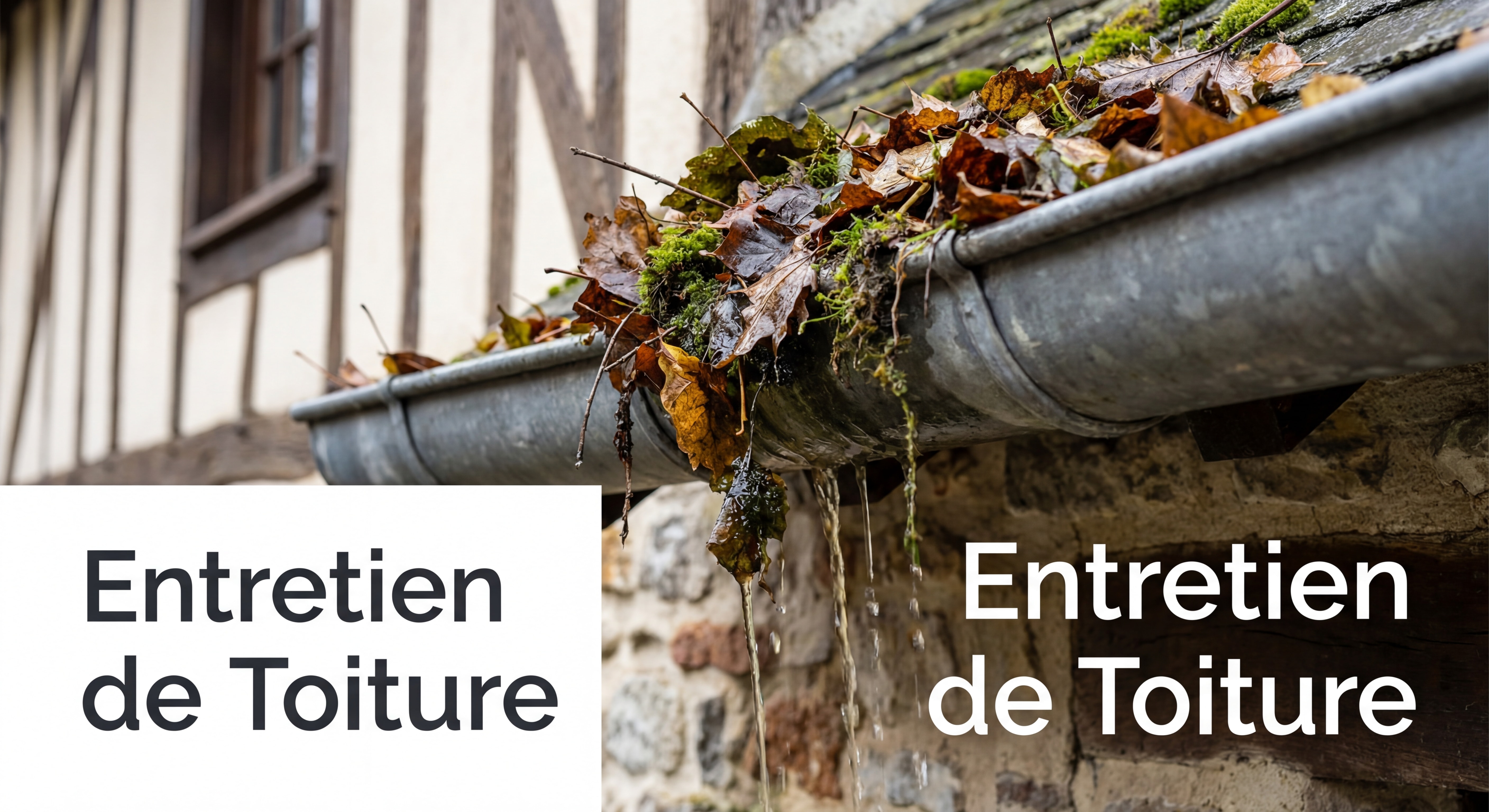 Gros plan sur une gouttière normande obstruée par des feuilles et débris, eau débordante sur façade