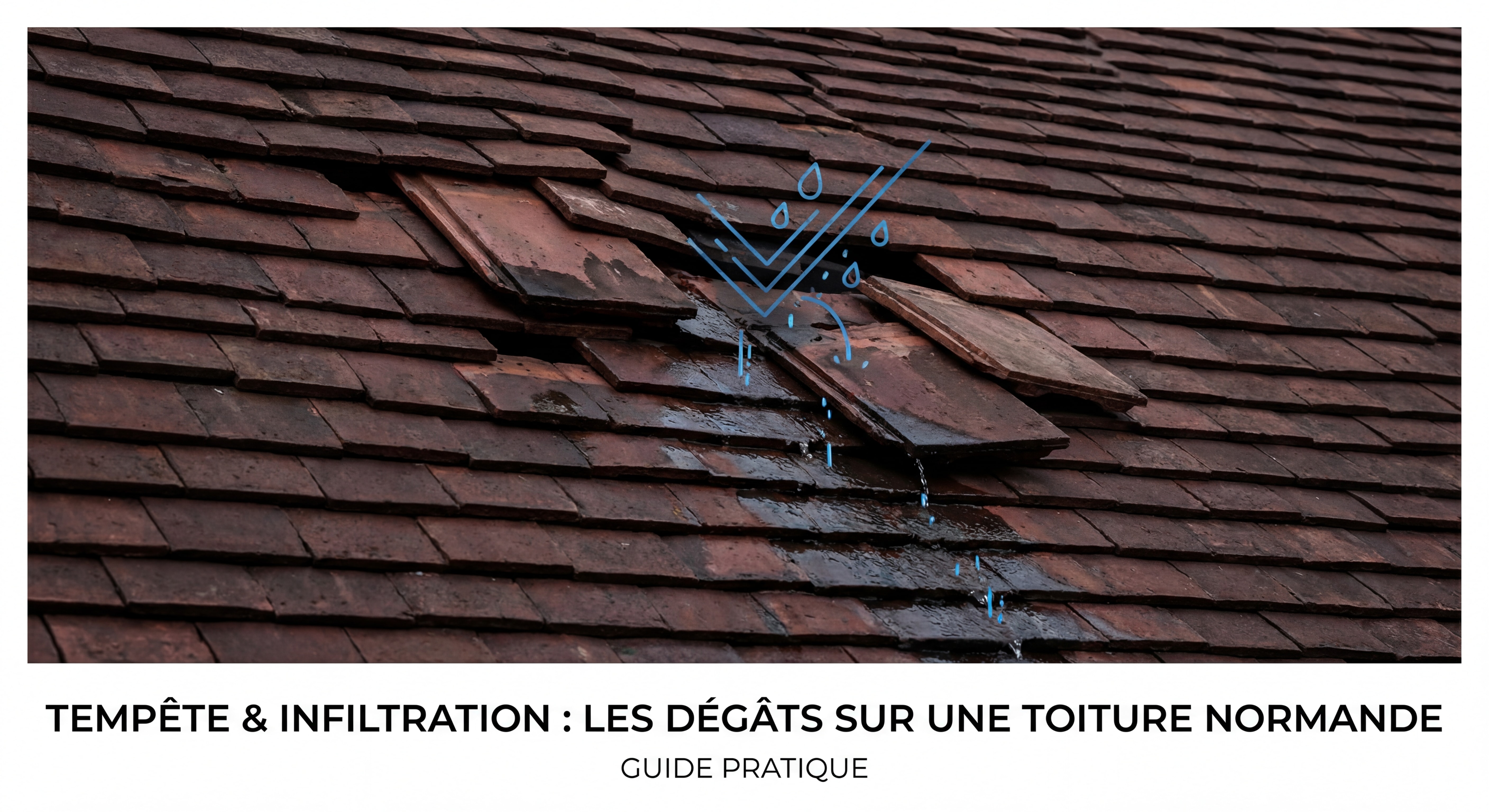 Toiture qui fuit en Normandie : agir vite pour éviter le pire : Toiture normande endommagée avec tuiles cassées après une tempête, vue rapprochée montrant infiltration d'eau