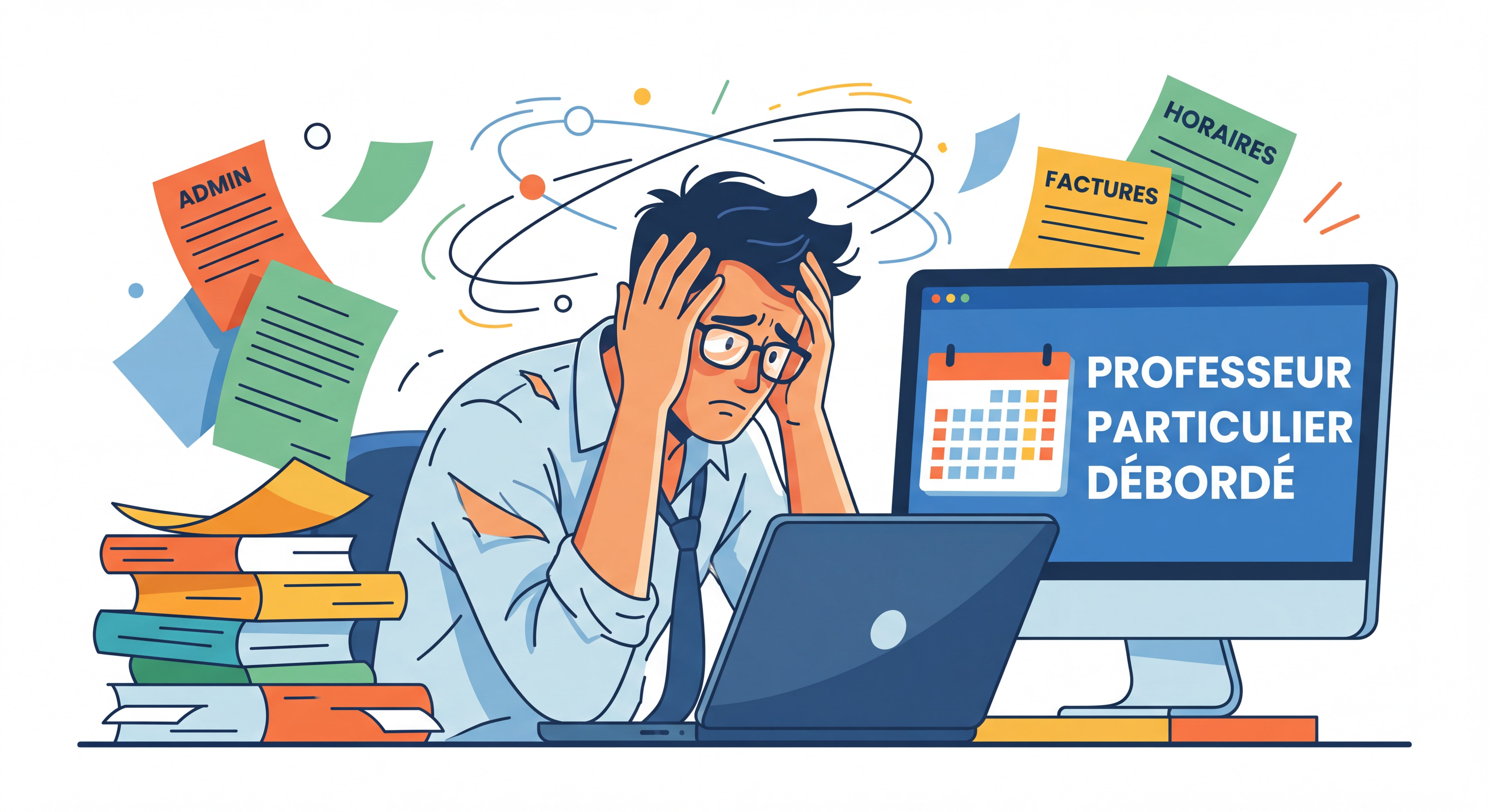 Professeur particulier débordé devant son ordinateur avec des piles de papiers administratifs, illustration moderne et dynamique