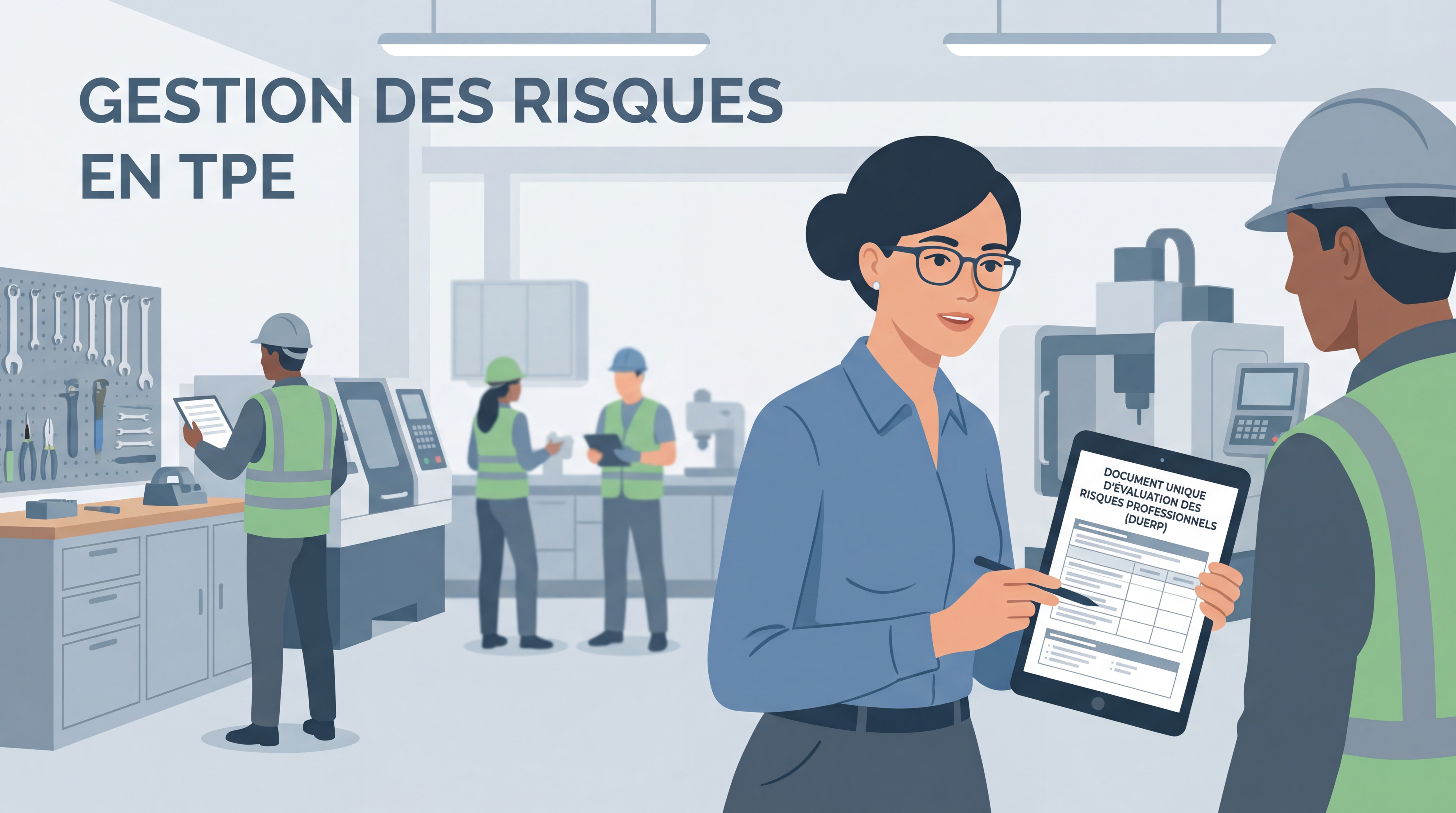 Chef d'entreprise TPE consultant un document unique d'évaluation des risques professionnels dans un atelier moderne avec équipements de sécurité