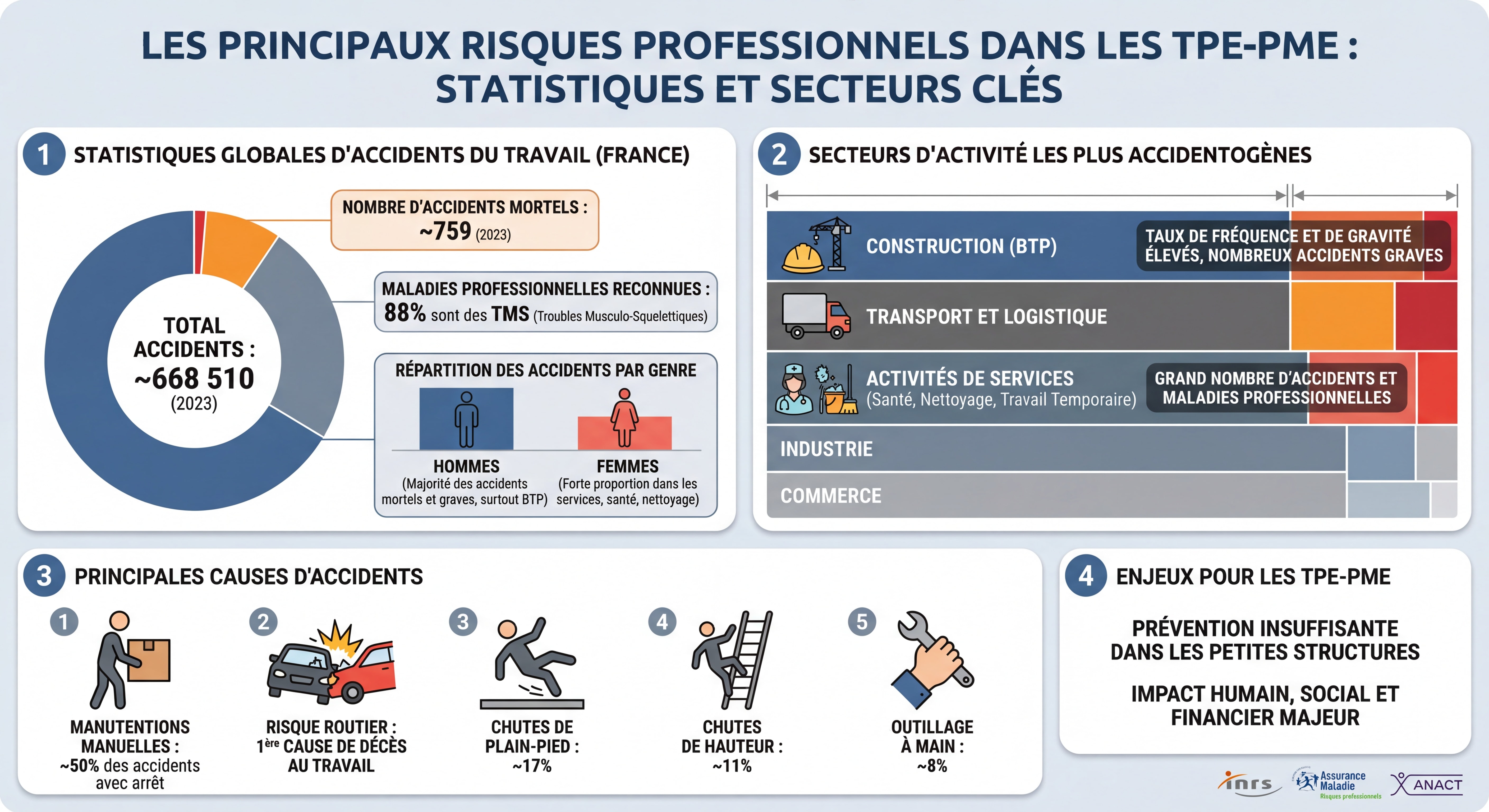 Infographie illustrant les principaux risques professionnels dans les TPE-PME avec statistiques d'accidents par secteur d'activité
