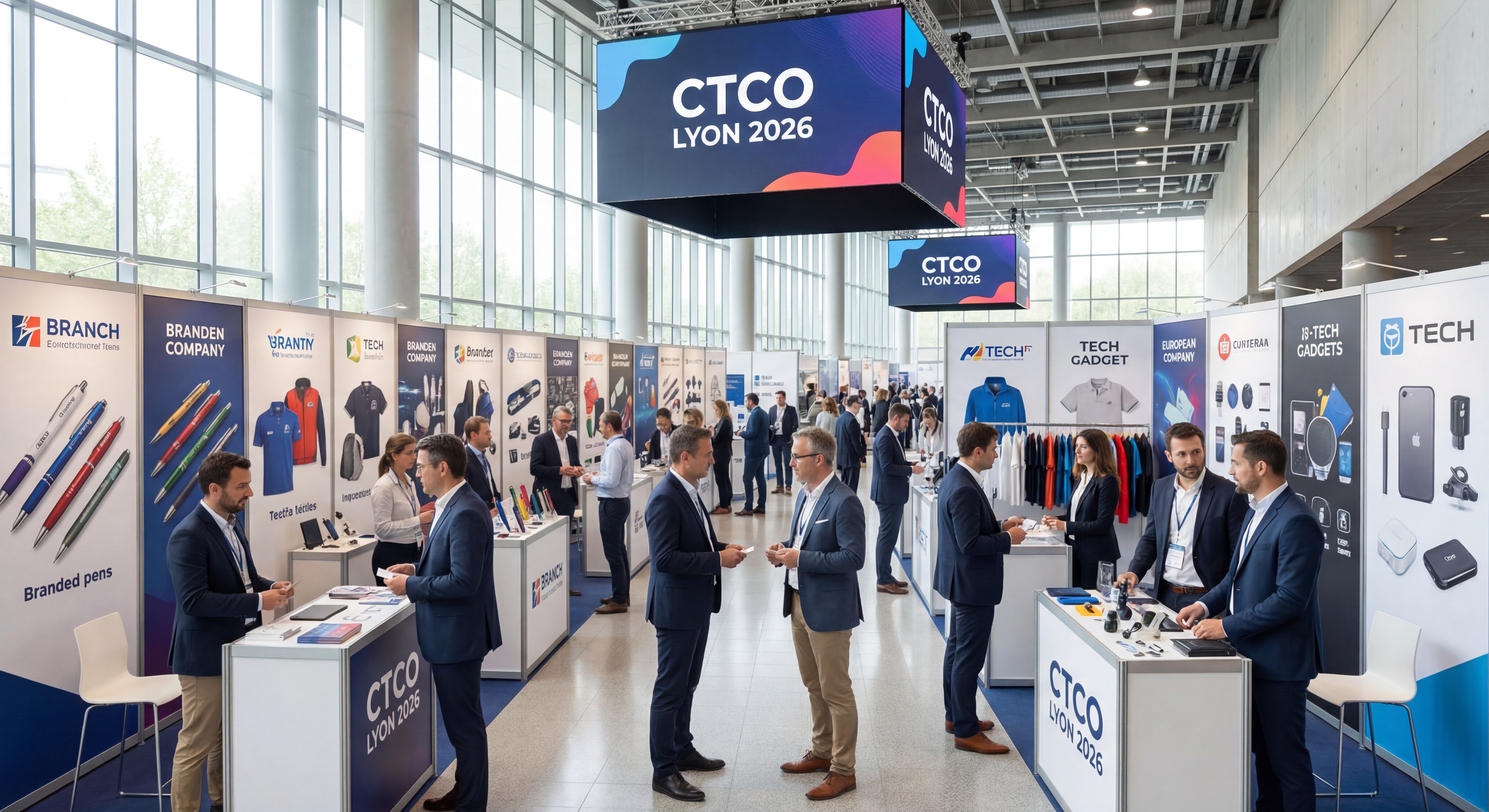 Vue panoramique du salon CTCO Lyon 2026 avec stands d'exposants européens d'objets publicitaires et visiteurs professionnels