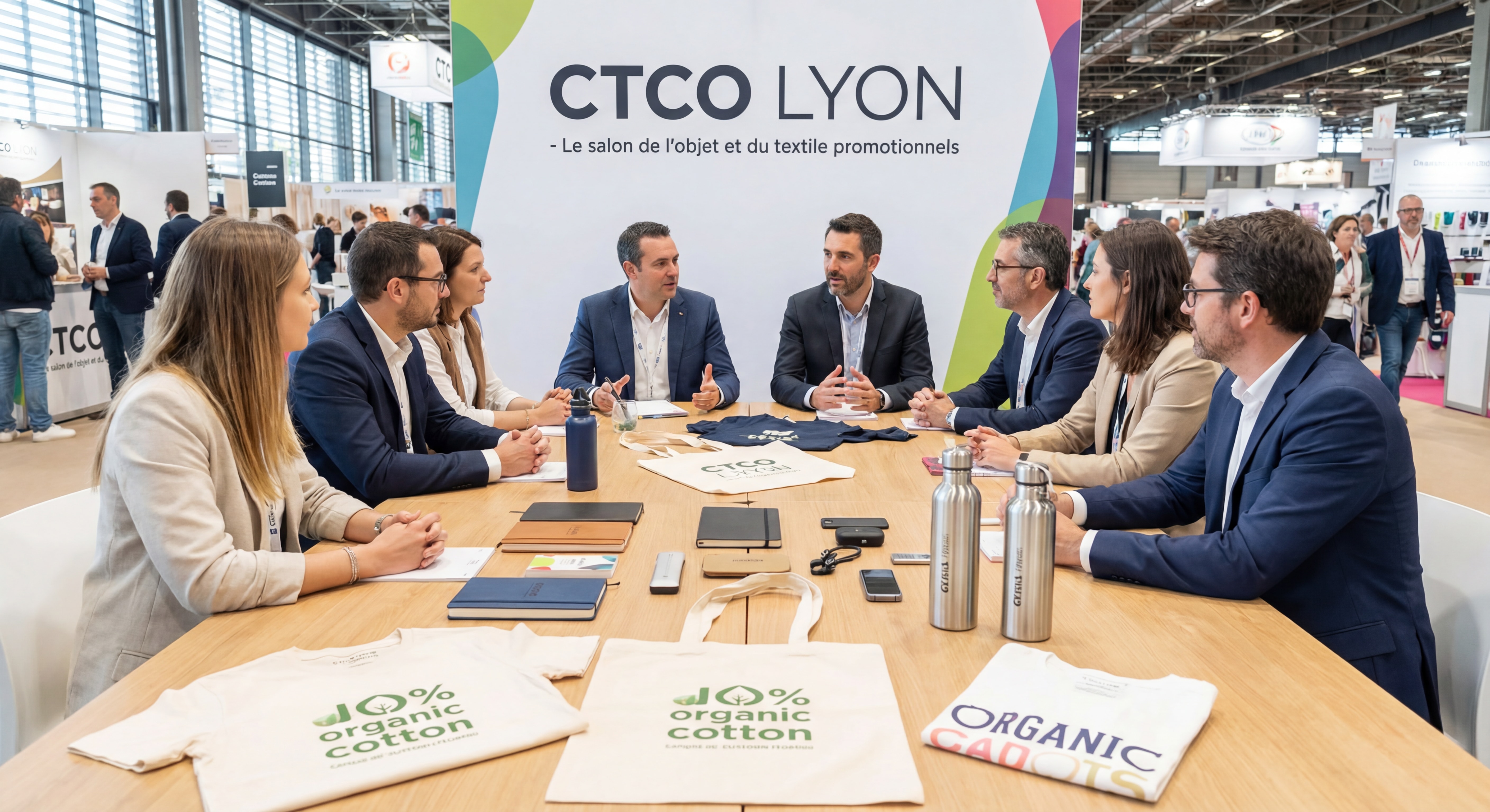 Professionnels en discussion au salon CTCO Lyon avec échantillons de textile publicitaire et cadeaux d'affaires sur table de réunion