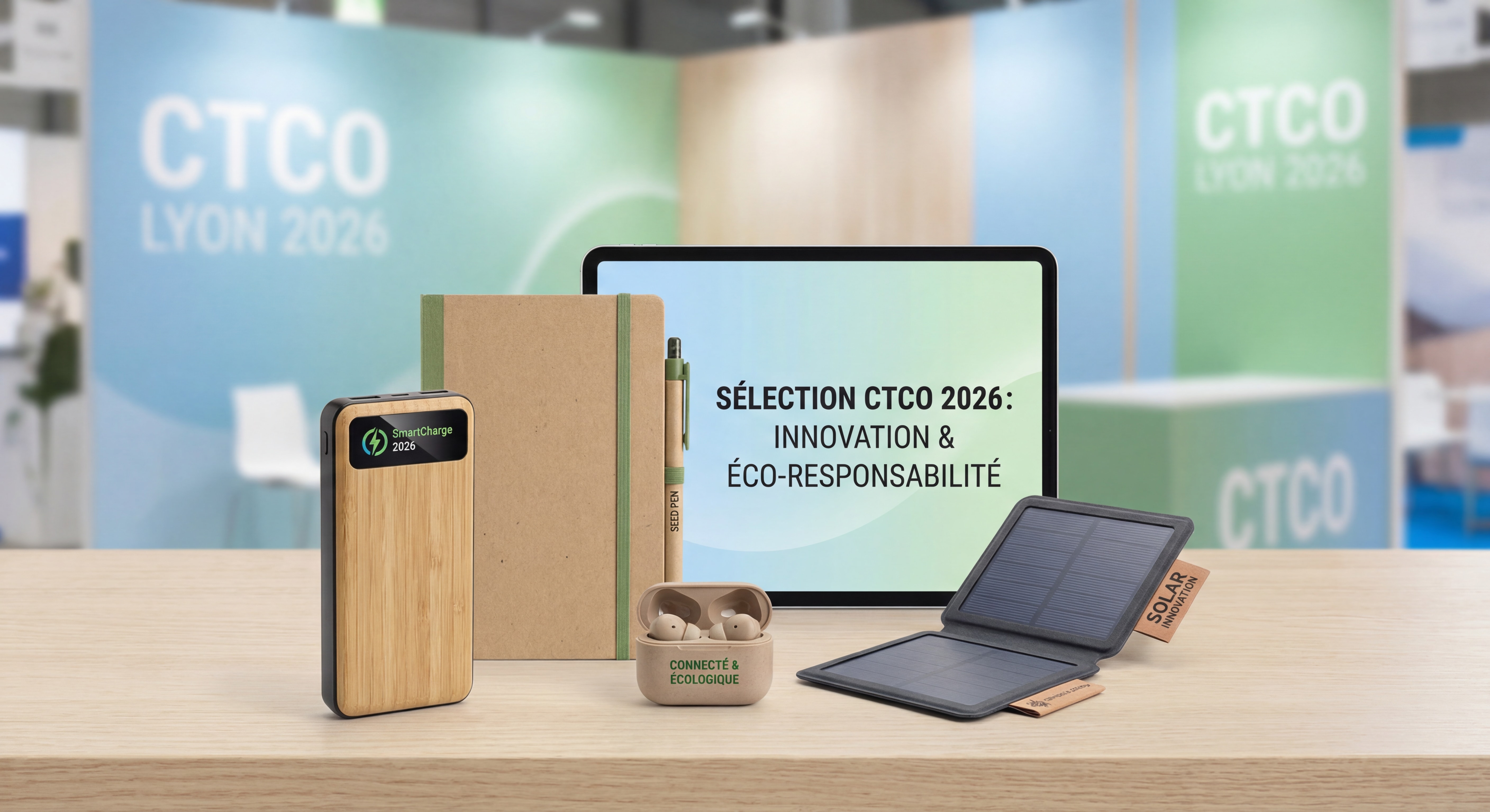 Sélection d'objets publicitaires innovants 2026 présentés au salon CTCO incluant produits éco-responsables et technologies connectées