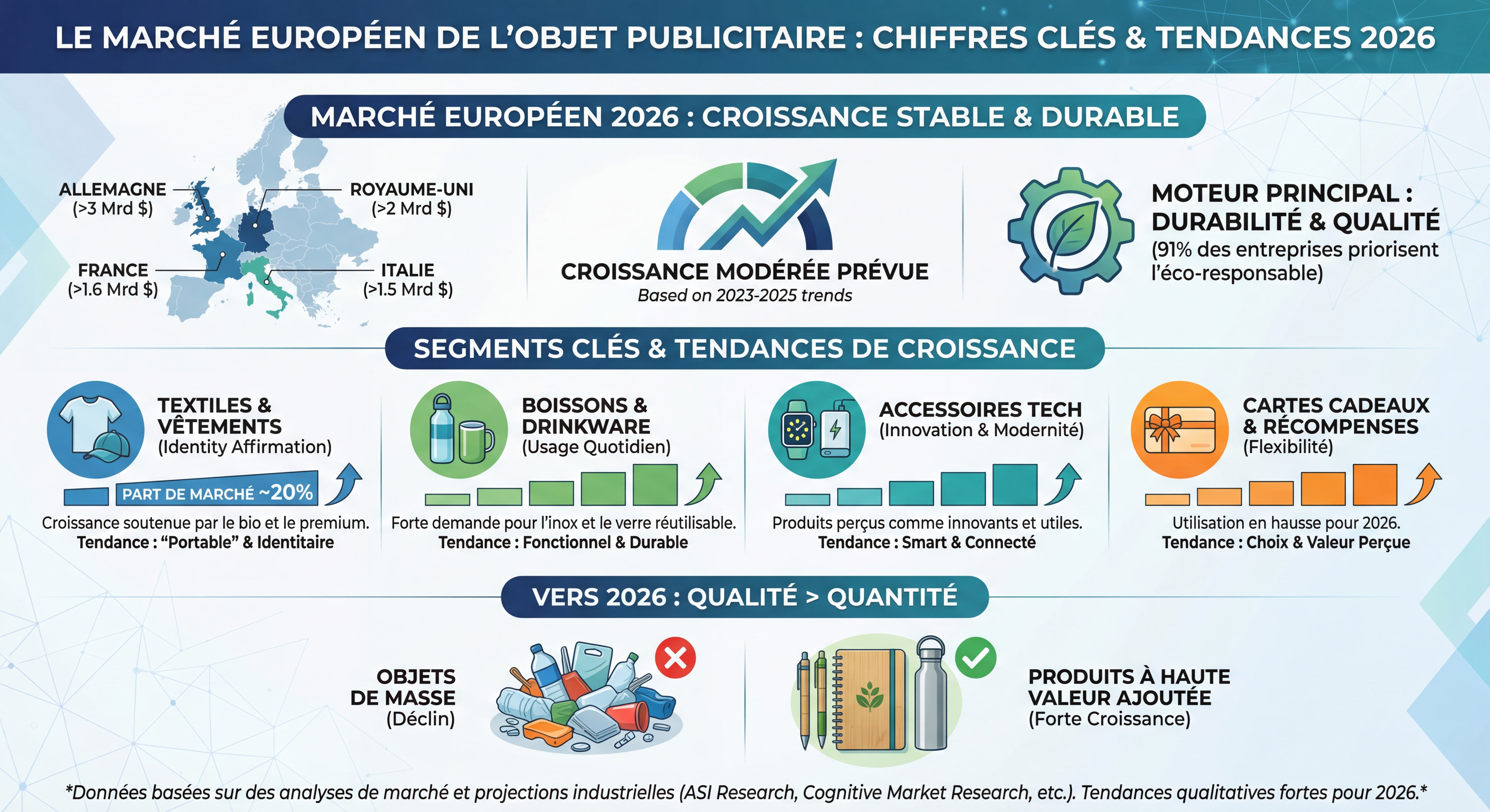 Infographie présentant les chiffres clés du marché européen de l'objet publicitaire 2026 avec statistiques de croissance par segment