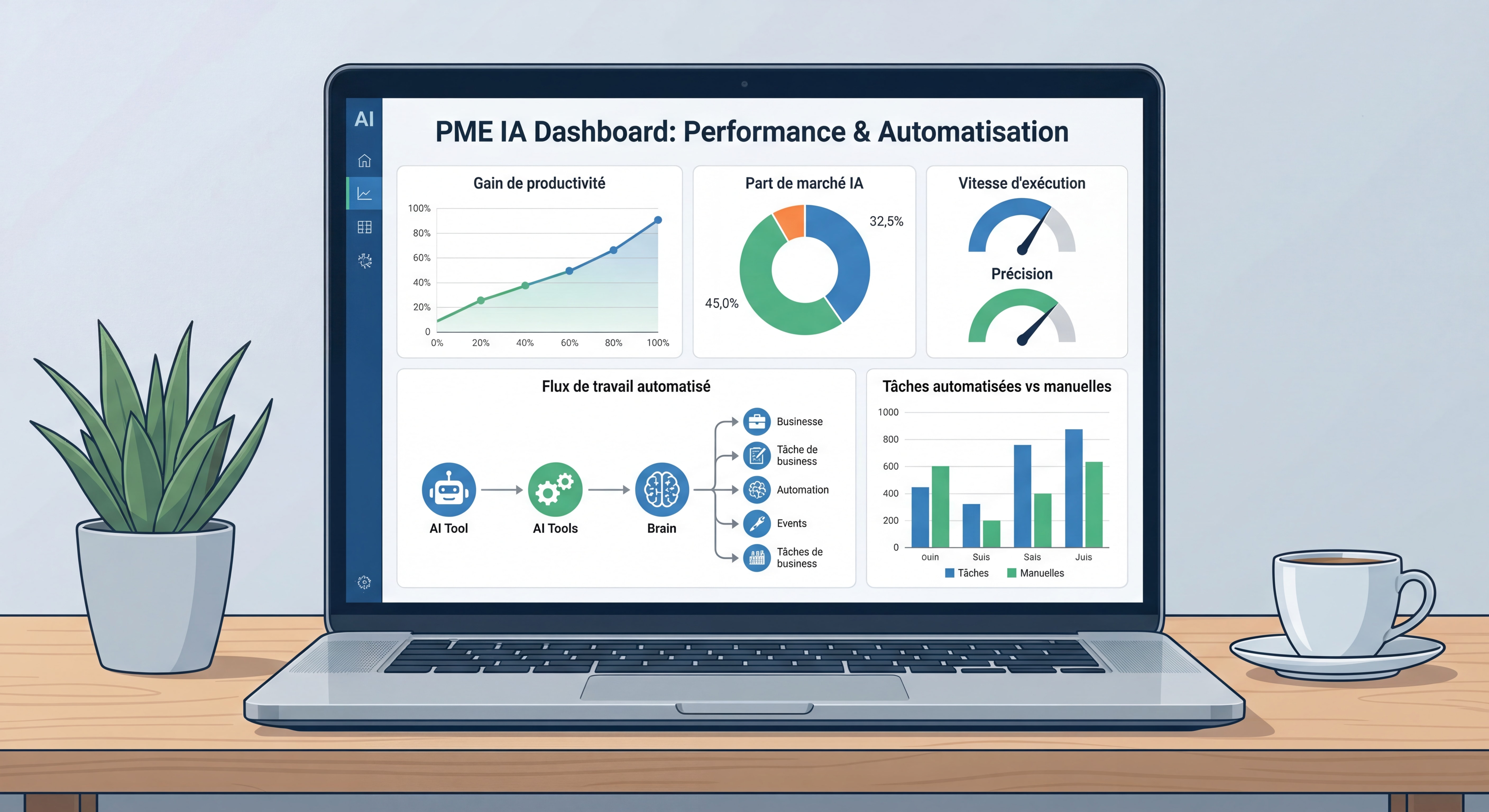 Dashboard d'outils IA intégrés montrant des graphiques de performance et d'automatisation pour une PME