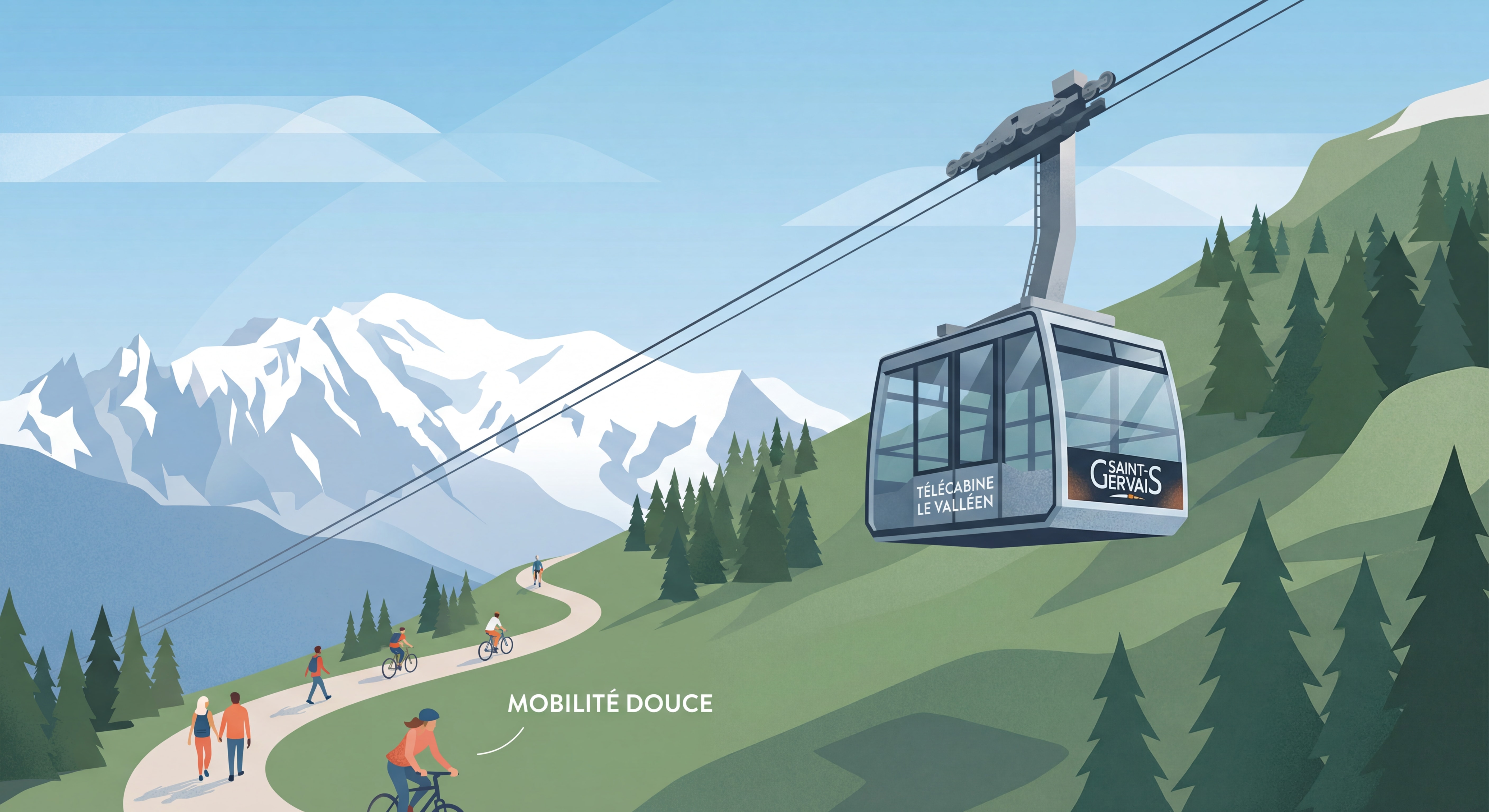 Télécabine Le Valléen moderne montant vers Saint-Gervais avec vue sur le massif du Mont Blanc, illustration de la mobilité douce