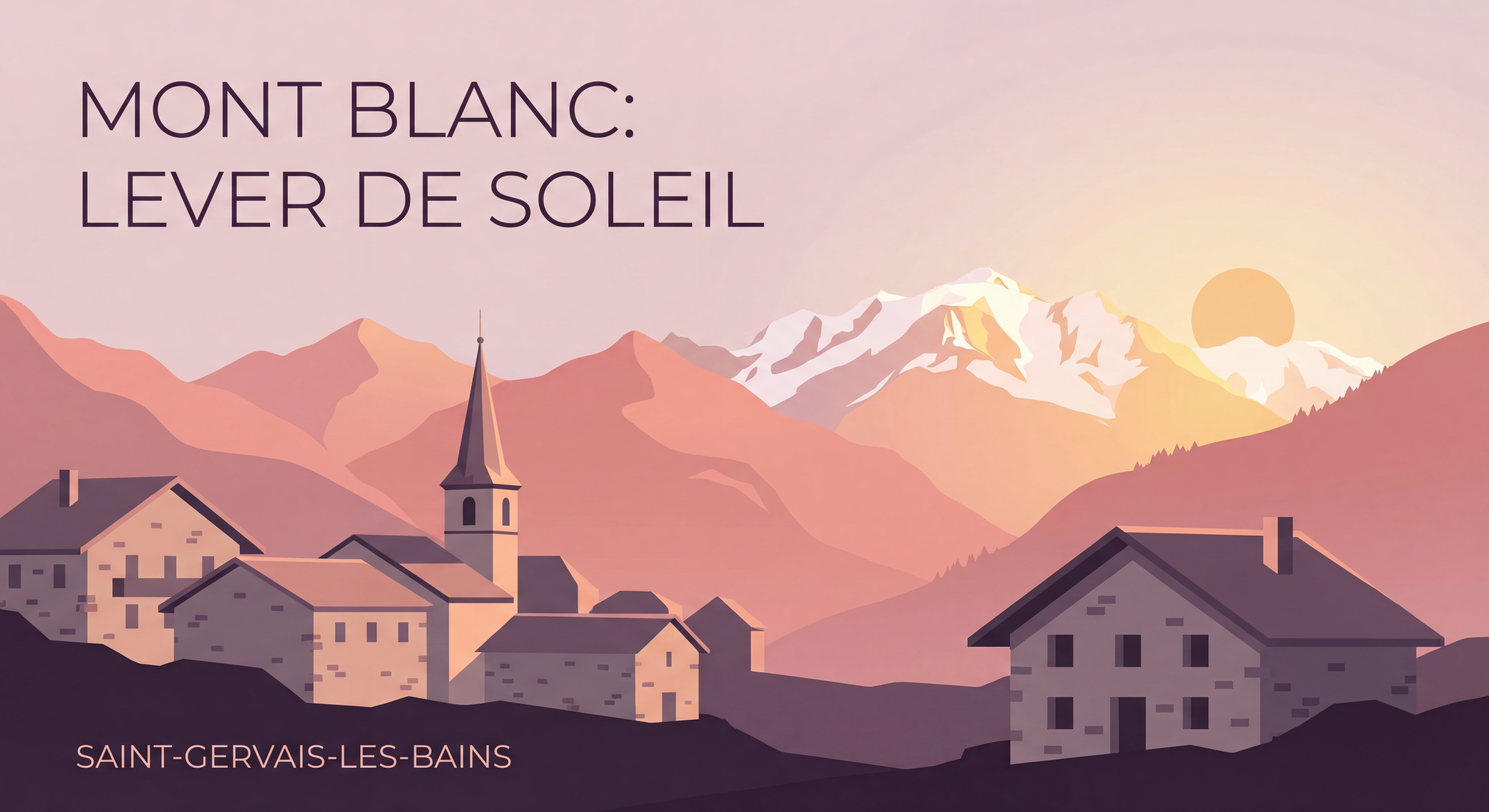 Vue panoramique du Mont Blanc au lever du soleil depuis Saint-Gervais-les-Bains, montagnes alpines rosées, village authentique en premier plan