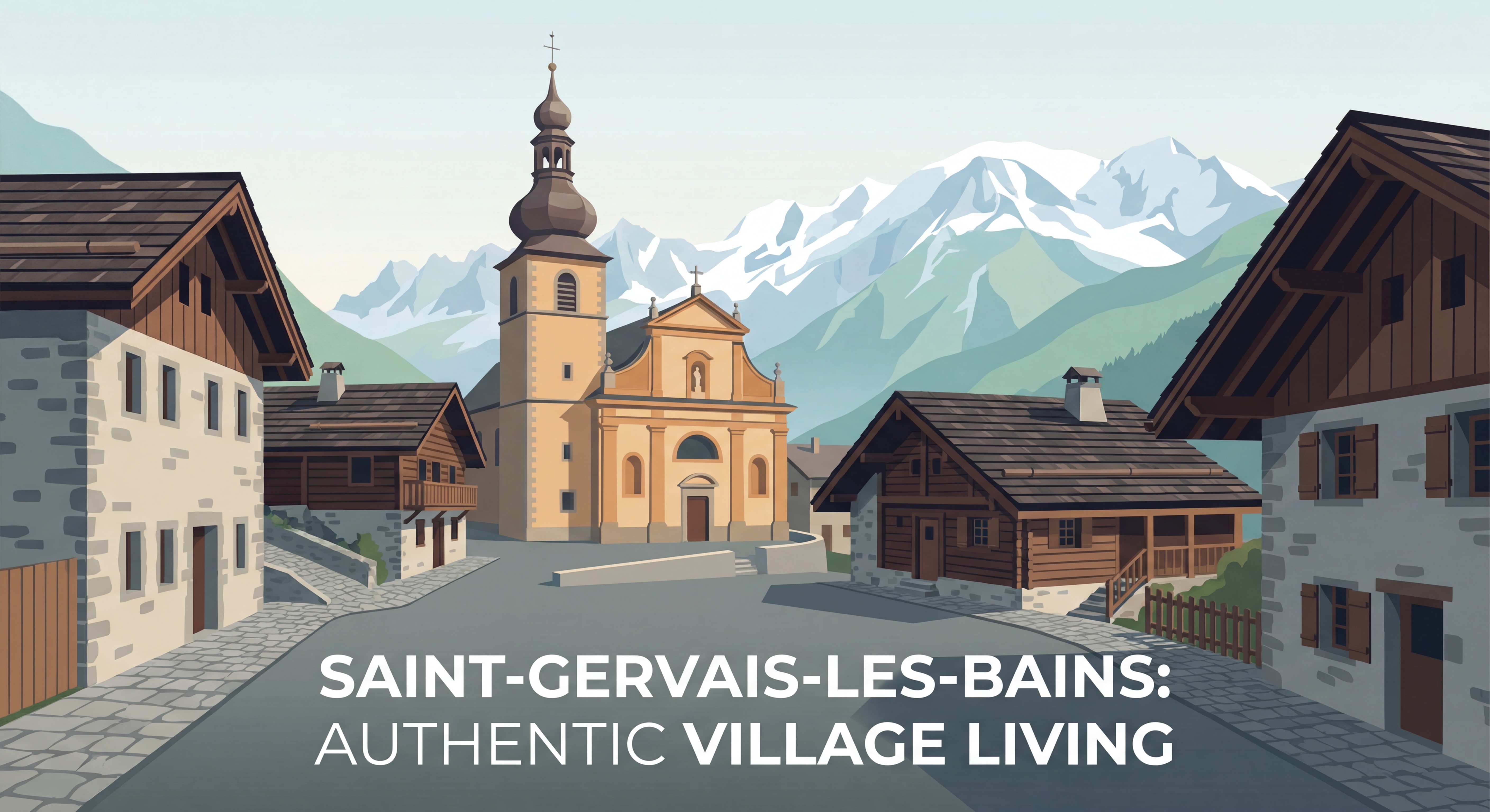 Village authentique de Saint-Gervais-les-Bains avec architecture savoyarde traditionnelle, église baroque, rues pavées et montagnes en arrière-plan