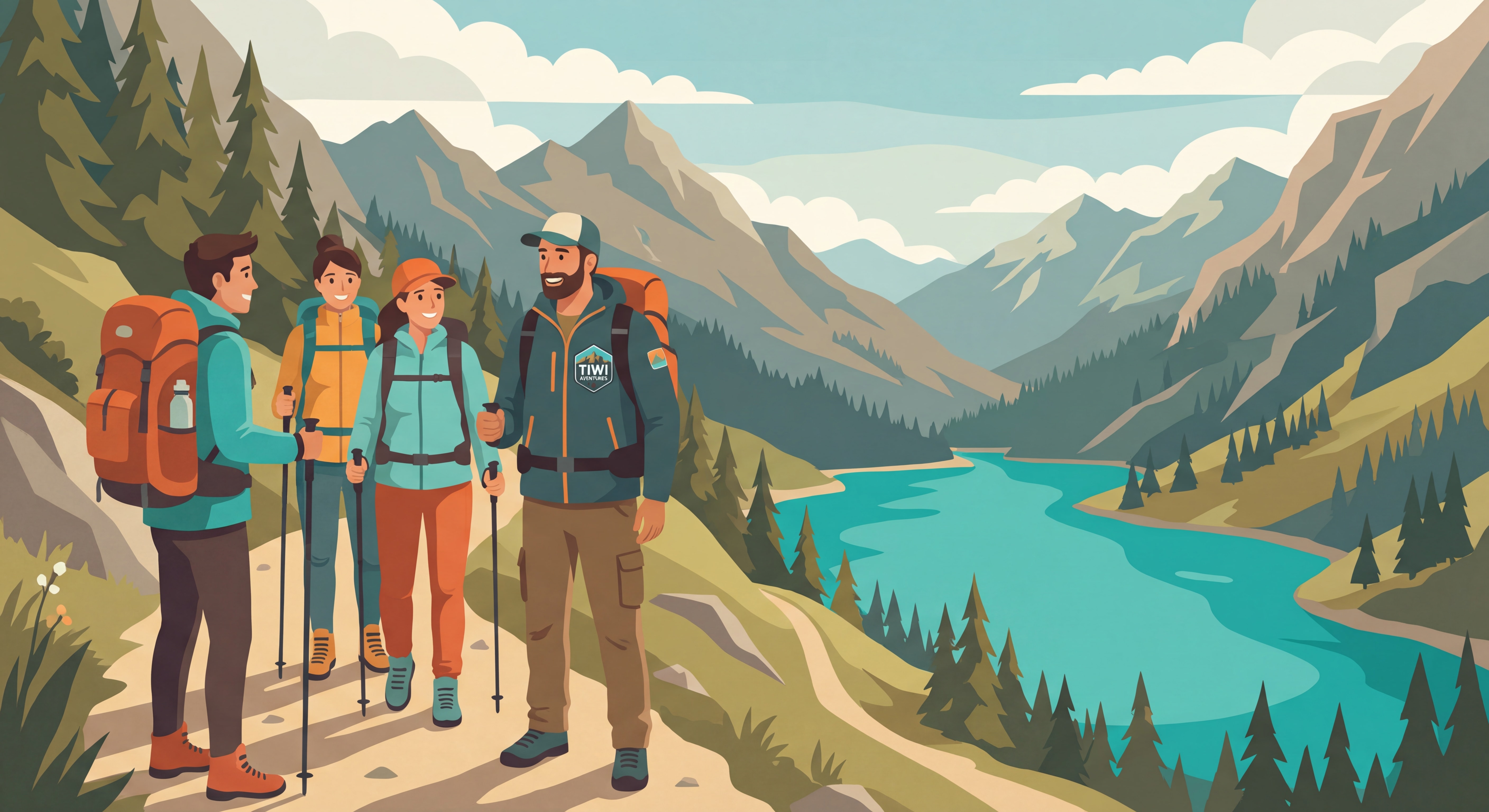 Petit groupe de randonneurs avec guide Tiwi Aventures sur un sentier alpin, lac de montagne turquoise en arrière-plan, ambiance conviviale et authentique