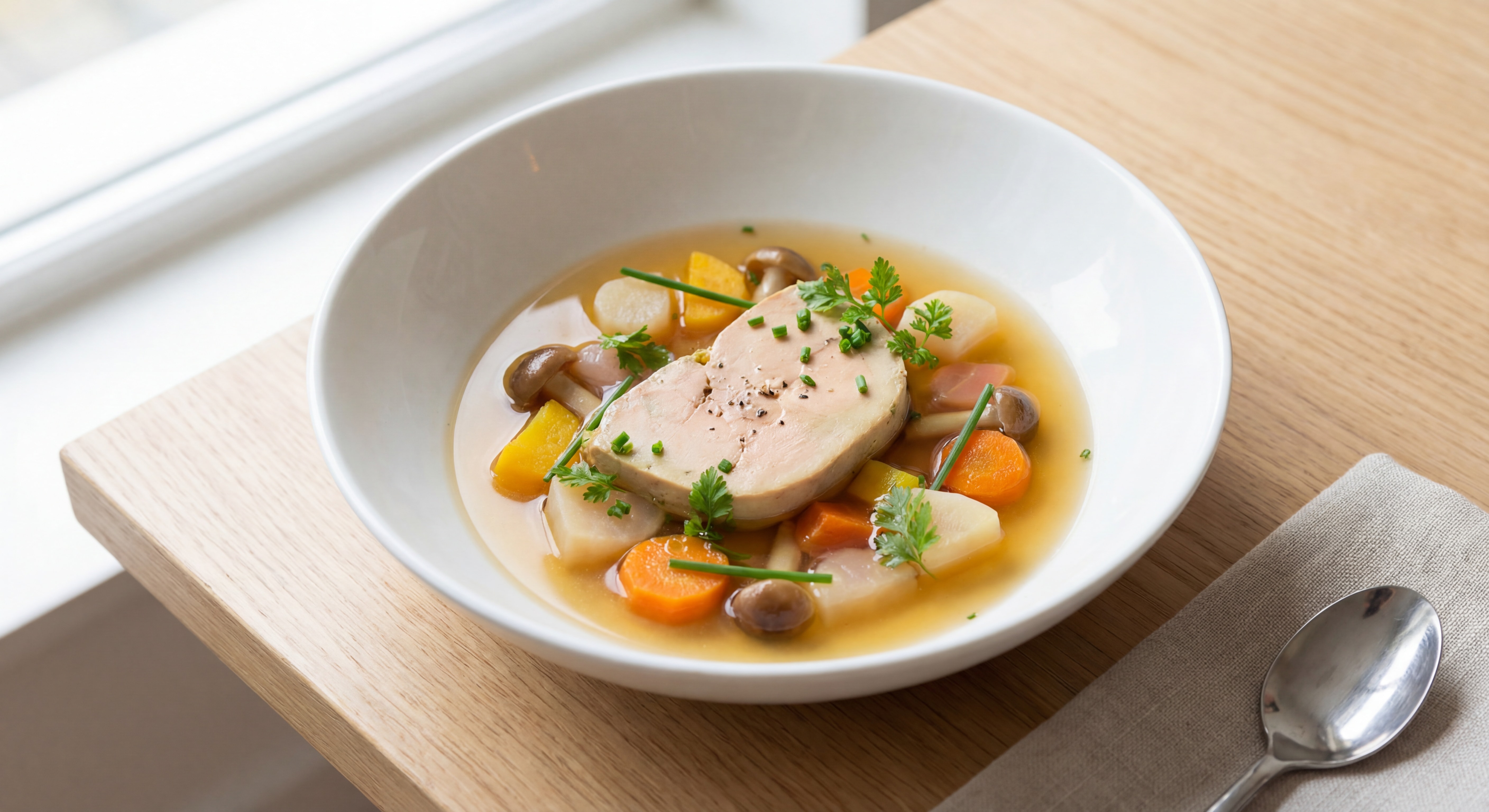 Assiette élégante de foie gras poché dans un bouillon de légumes frais colorés, avec carottes, navets et champignons, présentée dans un bol blanc moderne avec des herbes fraîches