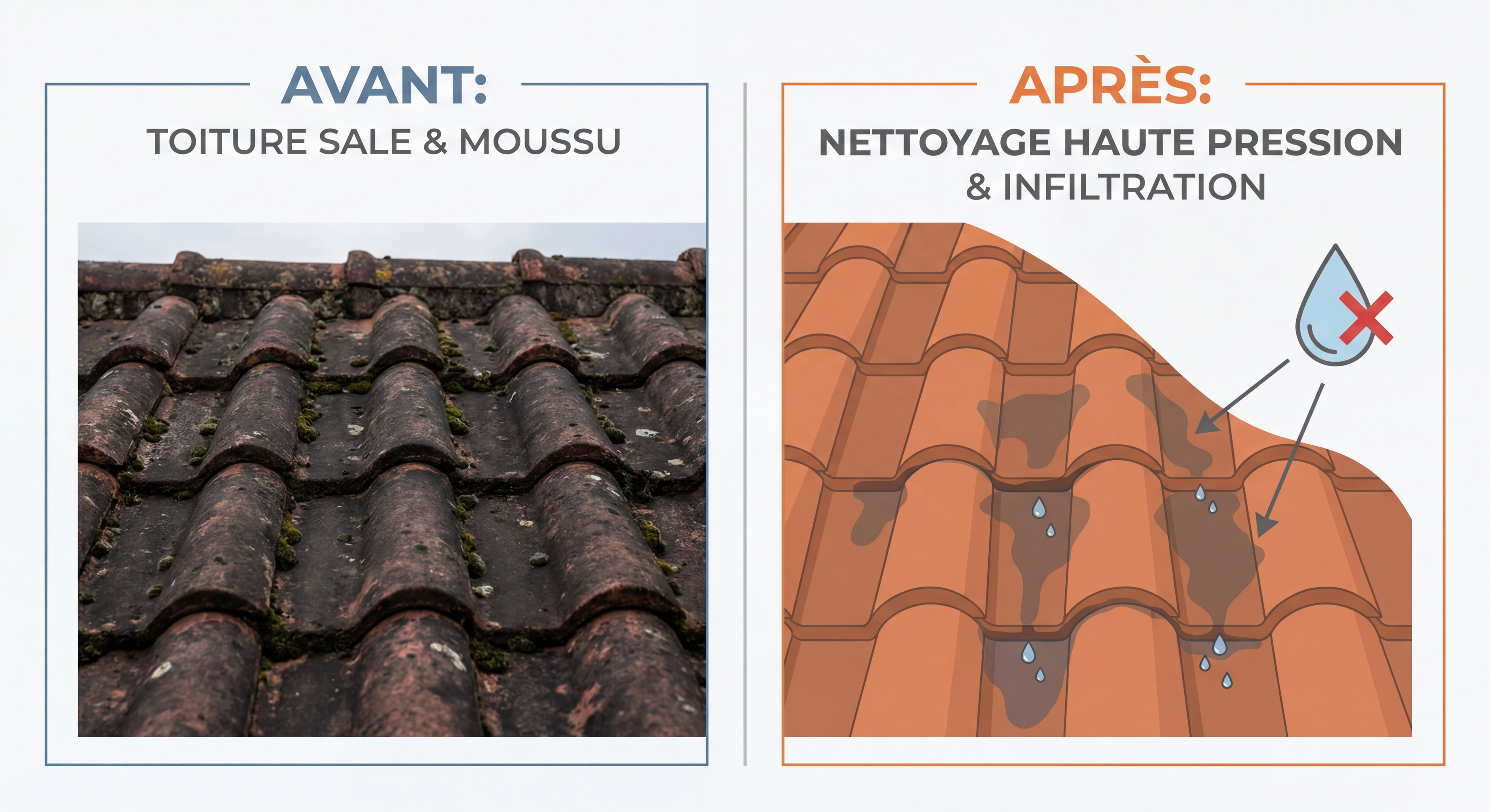 Tuiles de toiture poreuses avec infiltration d'eau après nettoyage haute pression - comparaison avant après