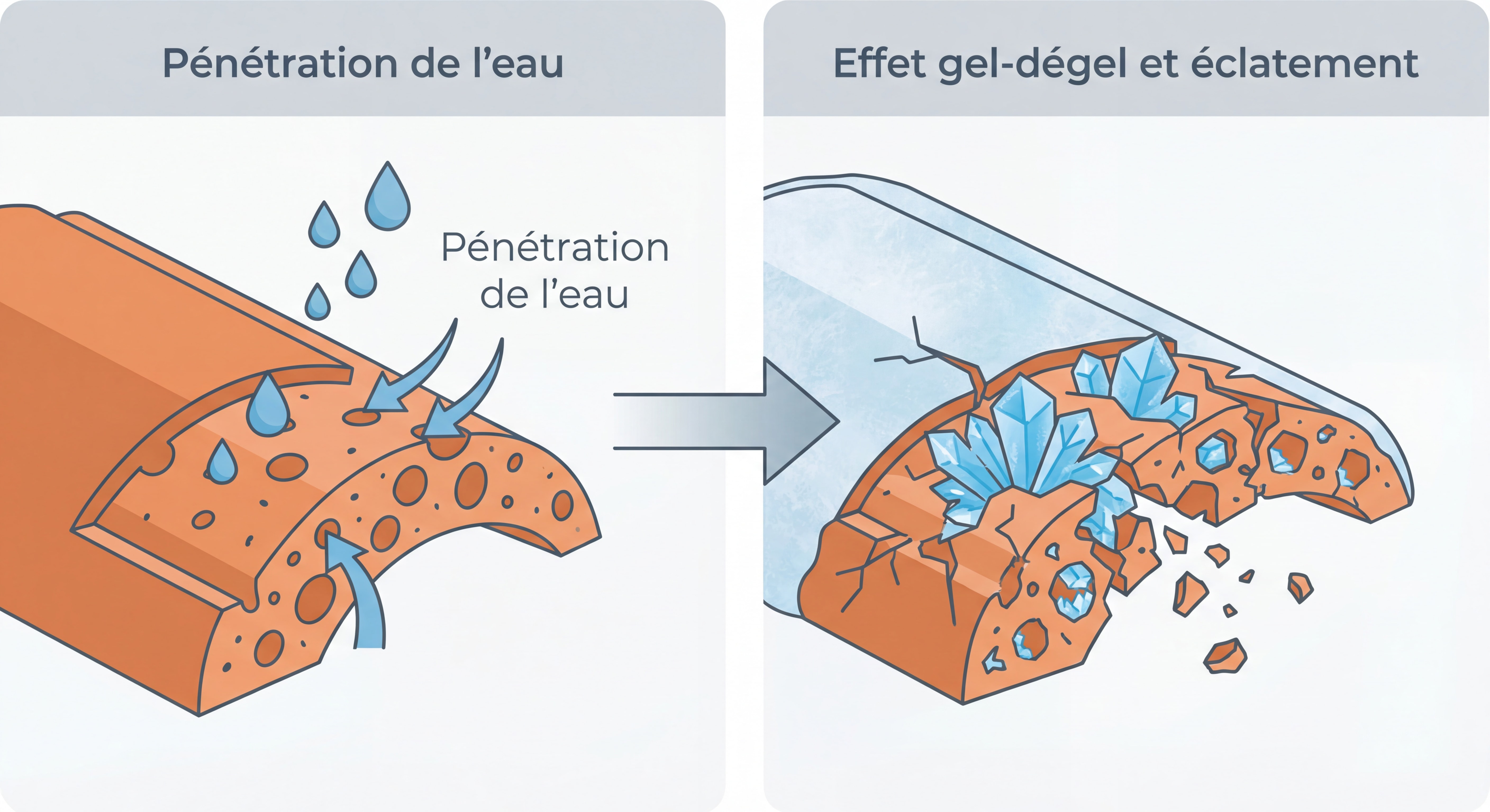 Schéma explicatif montrant la pénétration de l'eau dans une tuile poreuse et l'effet du gel-dégel avec éclatement
