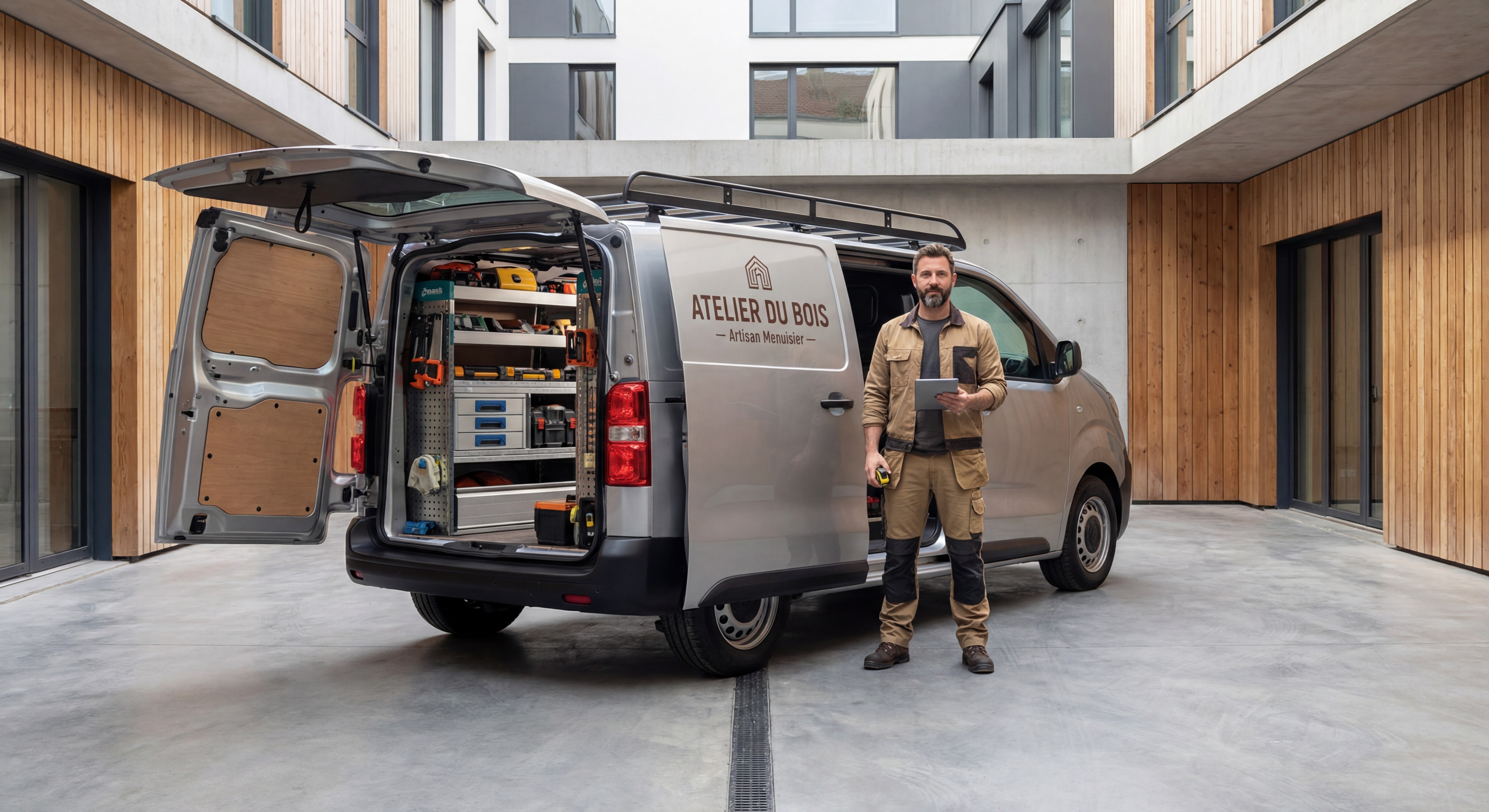 Artisan devant son véhicule utilitaire professionnel avec ses outils de travail, ambiance professionnelle moderne