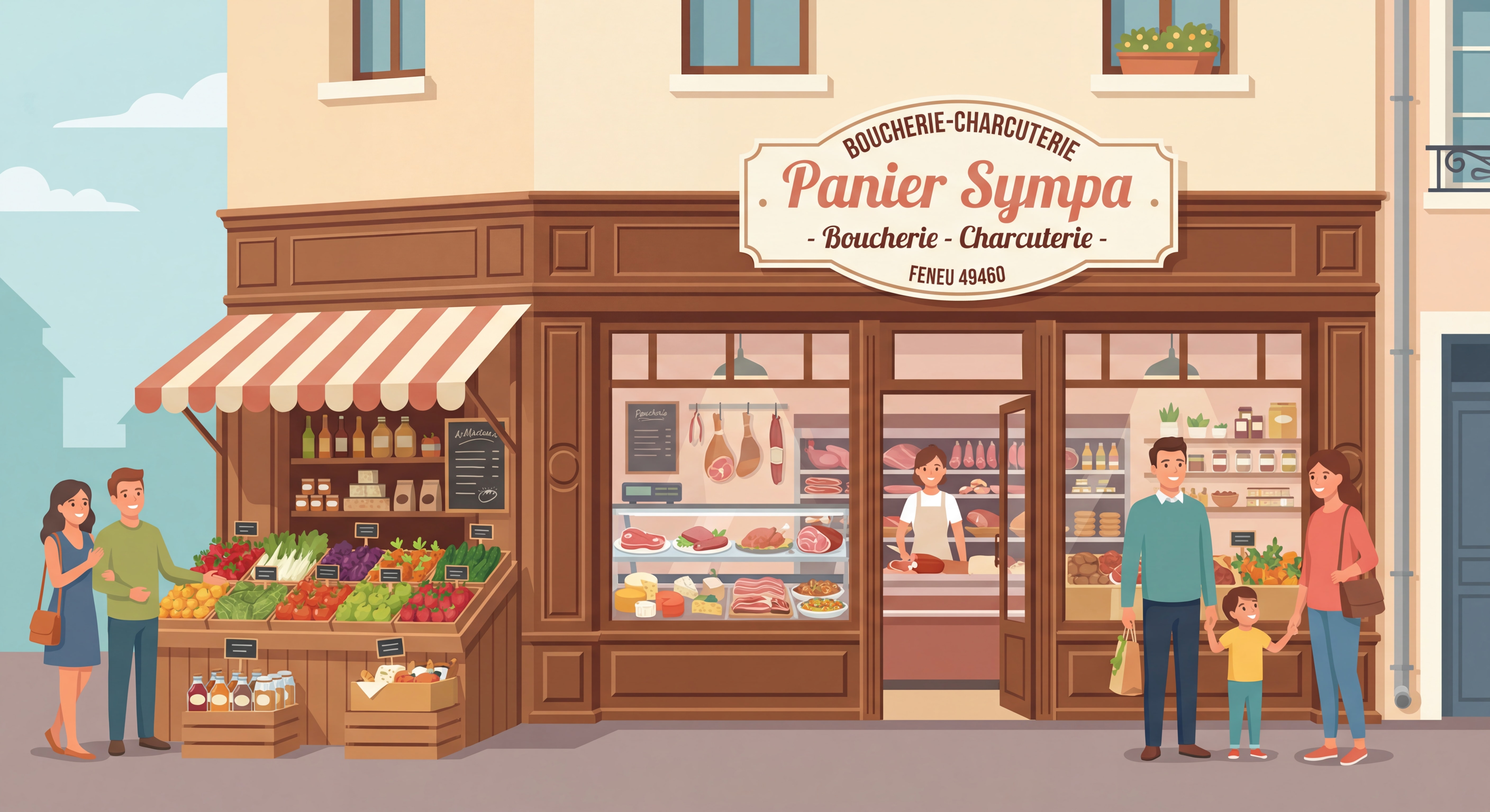 Devanture accueillante de la boucherie-charcuterie Panier Sympa à Feneu 49460 avec étal de produits frais