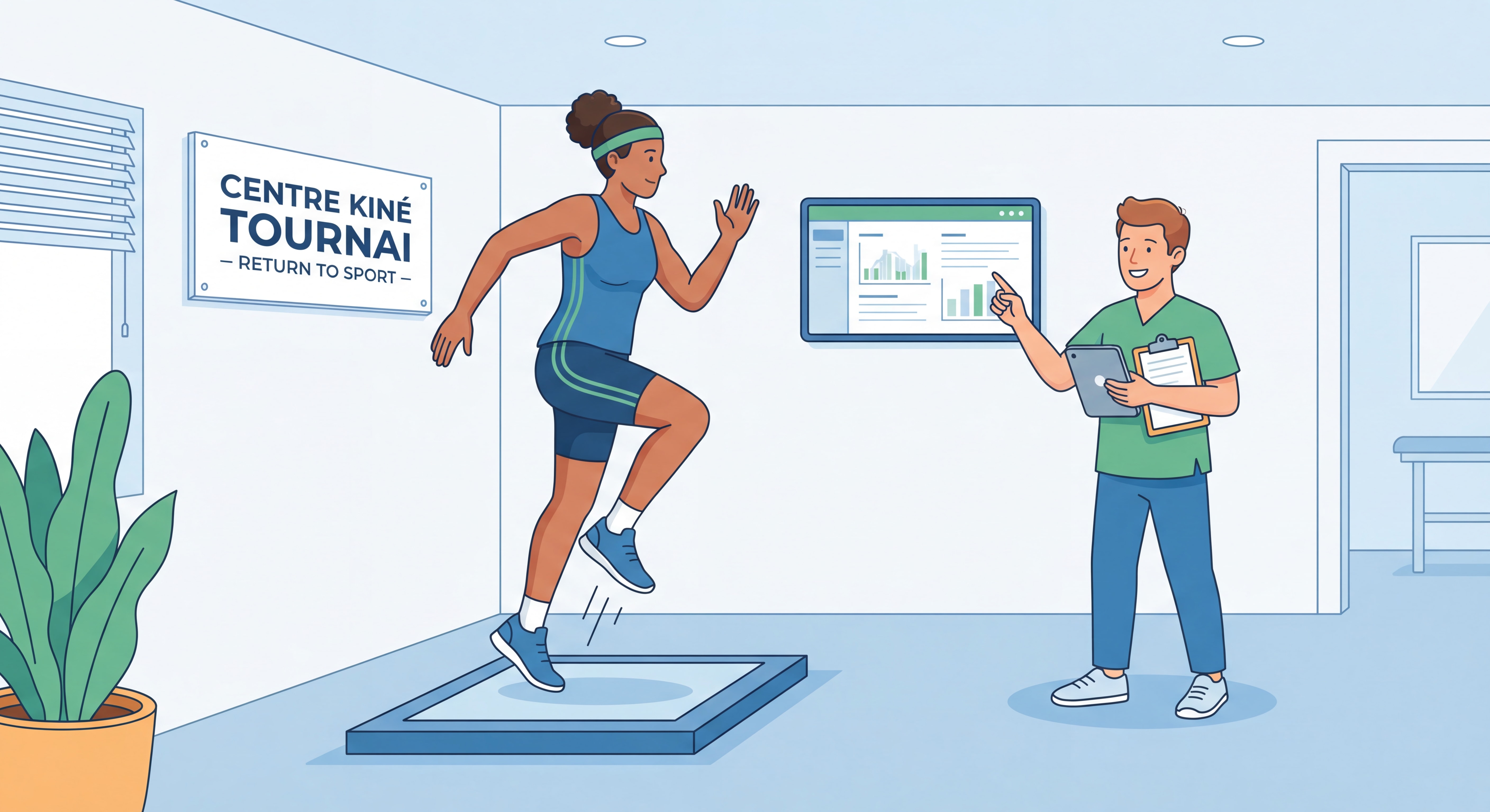 Sportif effectuant test fonctionnel saut avec kinésithérapeute validant critères retour sport cabinet Tournai