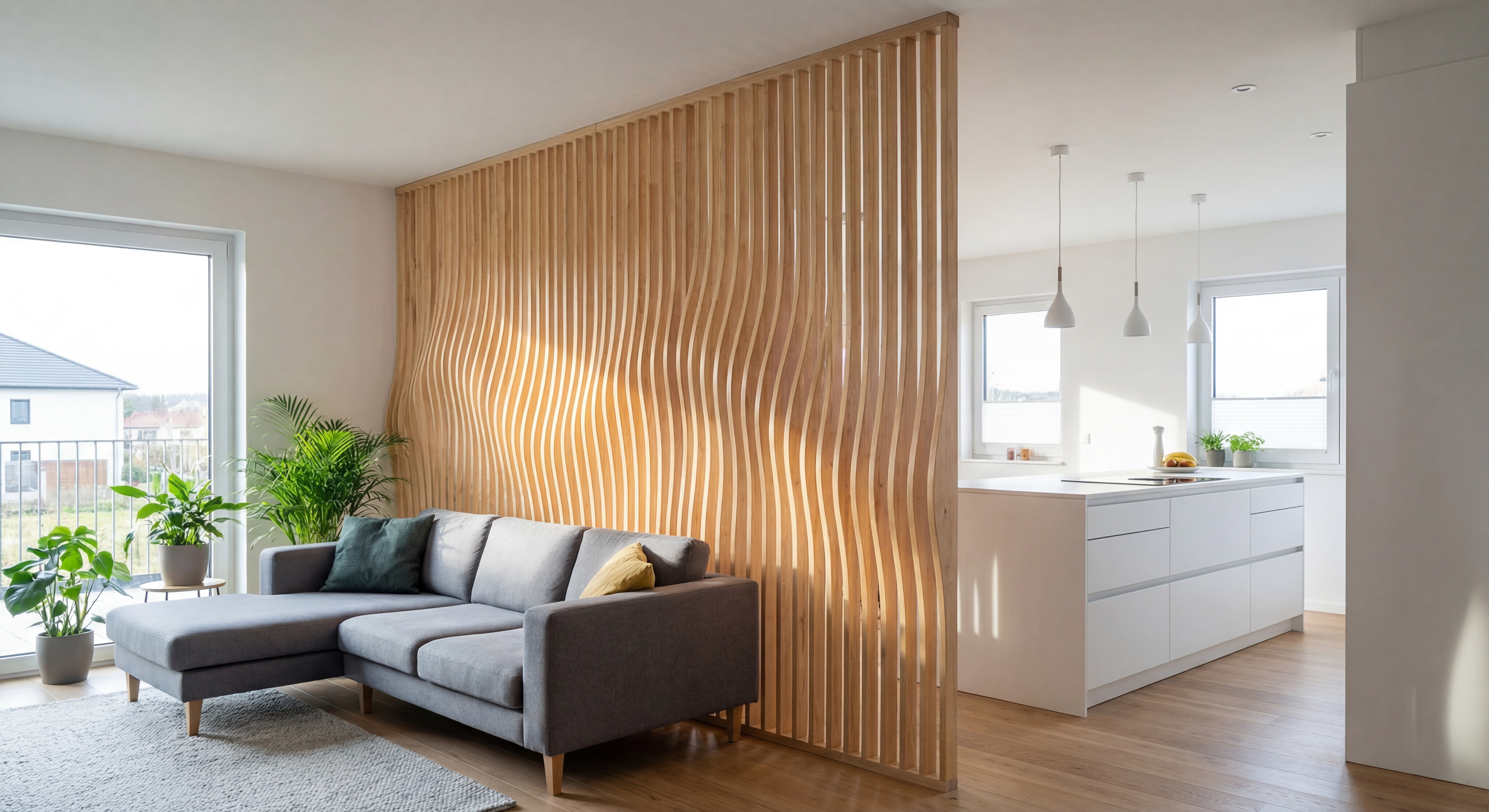 Claustra bois sur mesure ondulé en hévéa installé dans un salon moderne avec séparation cuisine ouverte design