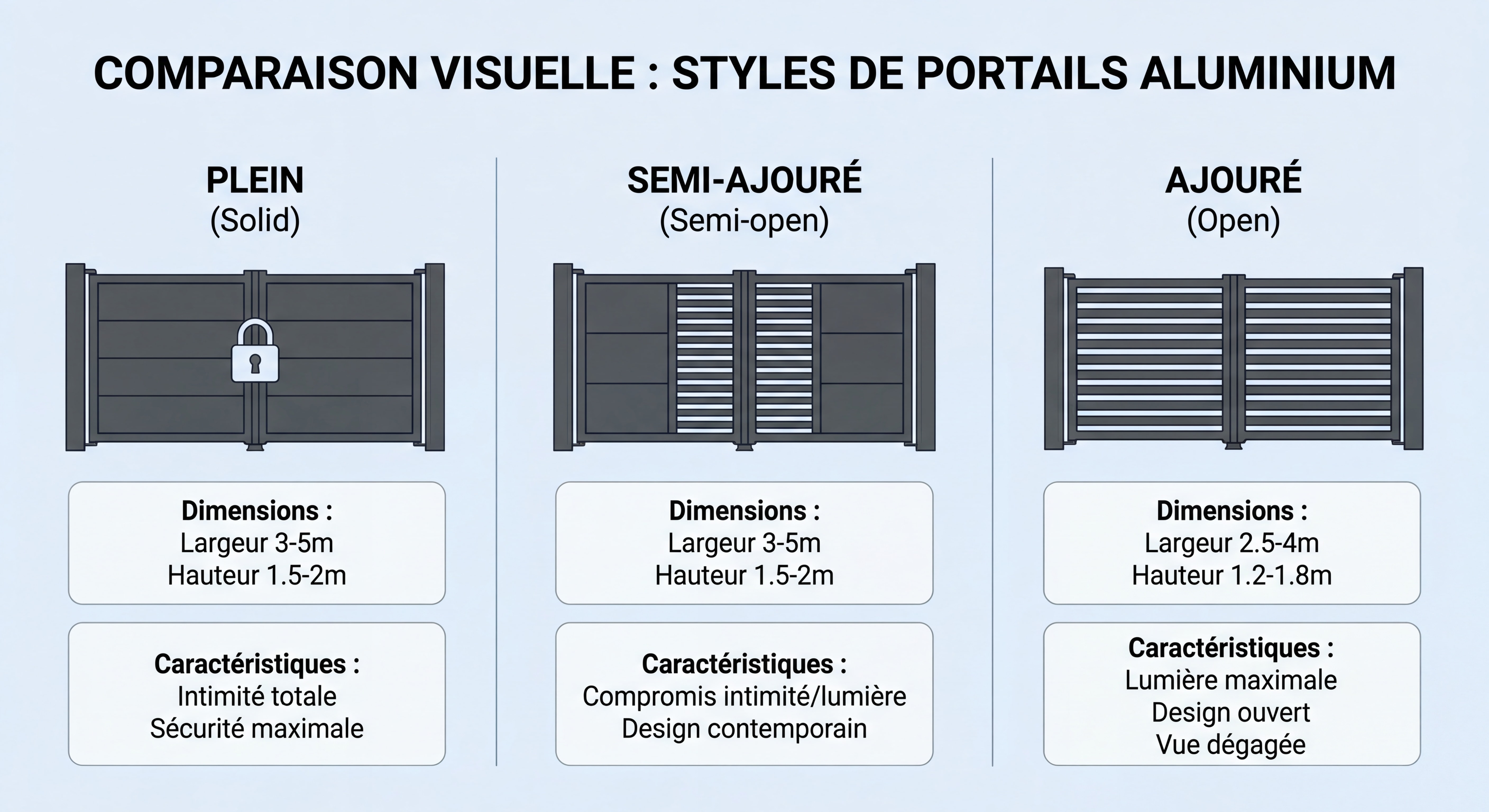 Comment Choisir son Portail Aluminium sur Mesure en 2026 ? Le Guide Complet de l'Expert Comparaison visuelle des différents styles de portails aluminium : plein, ajouré, semi-ajouré avec dimensions et caractéristiques