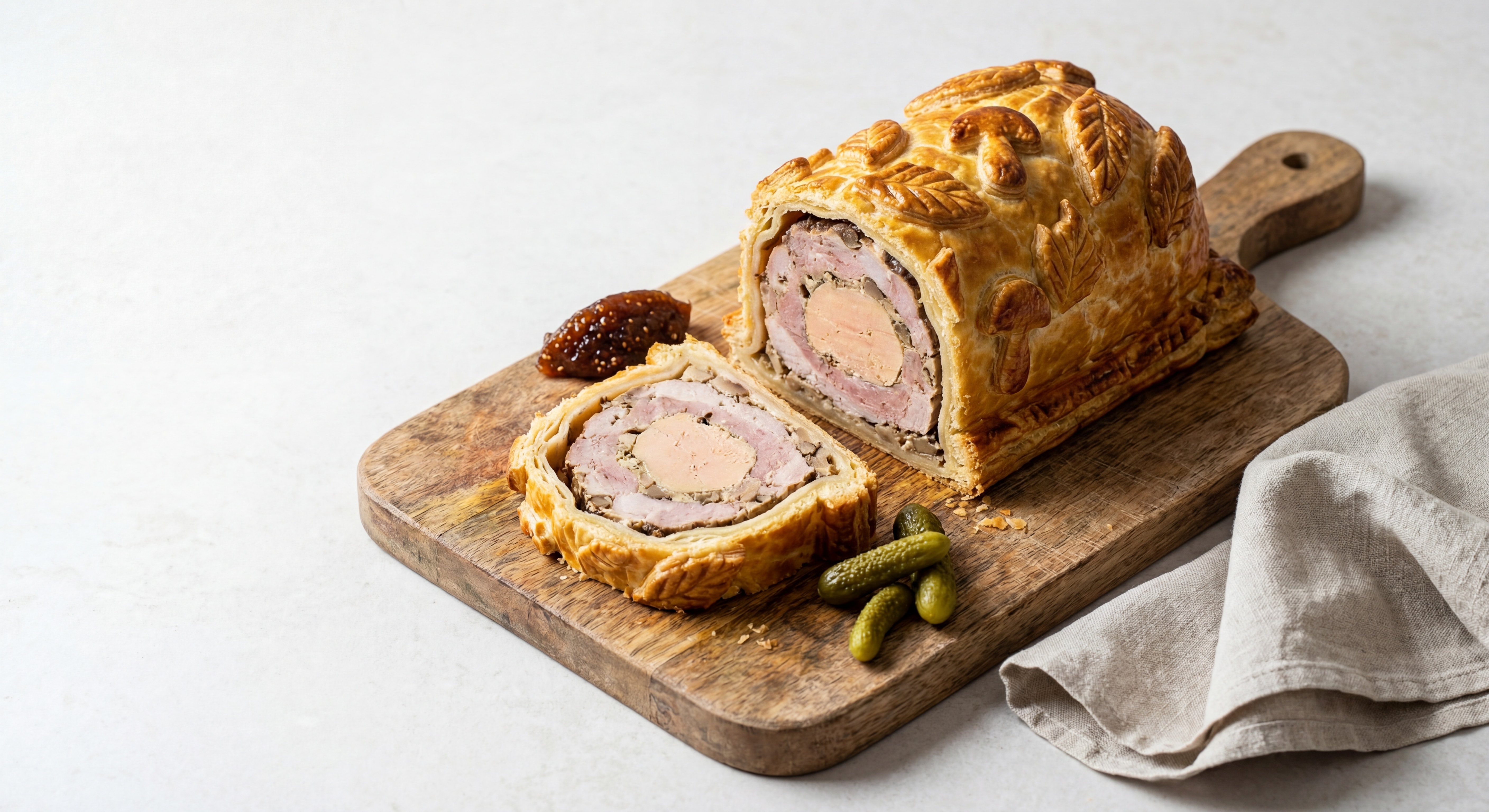 Pâté en croûte au foie gras et cèpes doré avec sa croûte feuilletée décorée, tranché pour révéler les couches de farce et foie gras