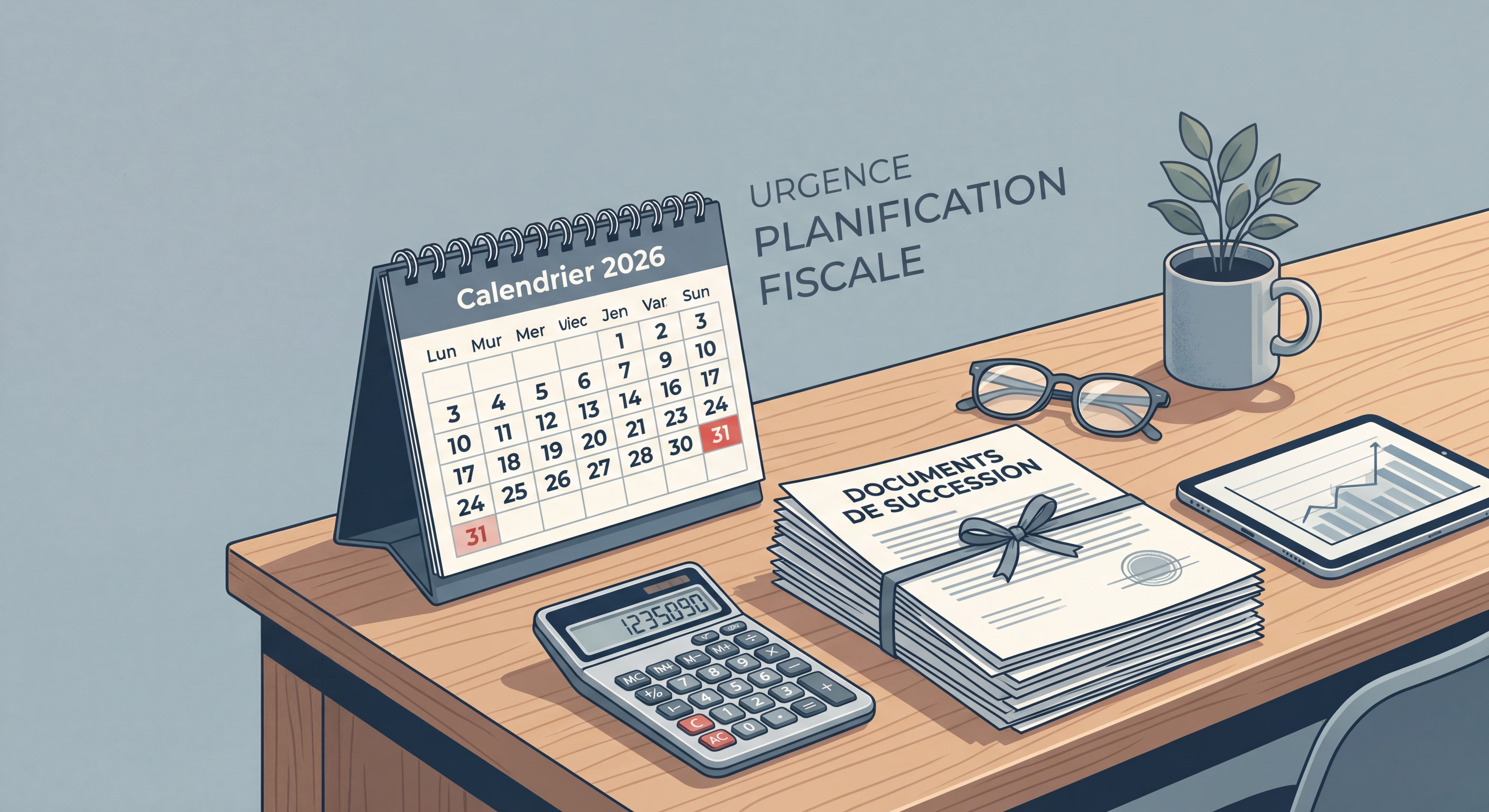 Calendrier 2026 avec calculatrice et documents de succession sur un bureau, symbolisant l'urgence de la planification fiscale