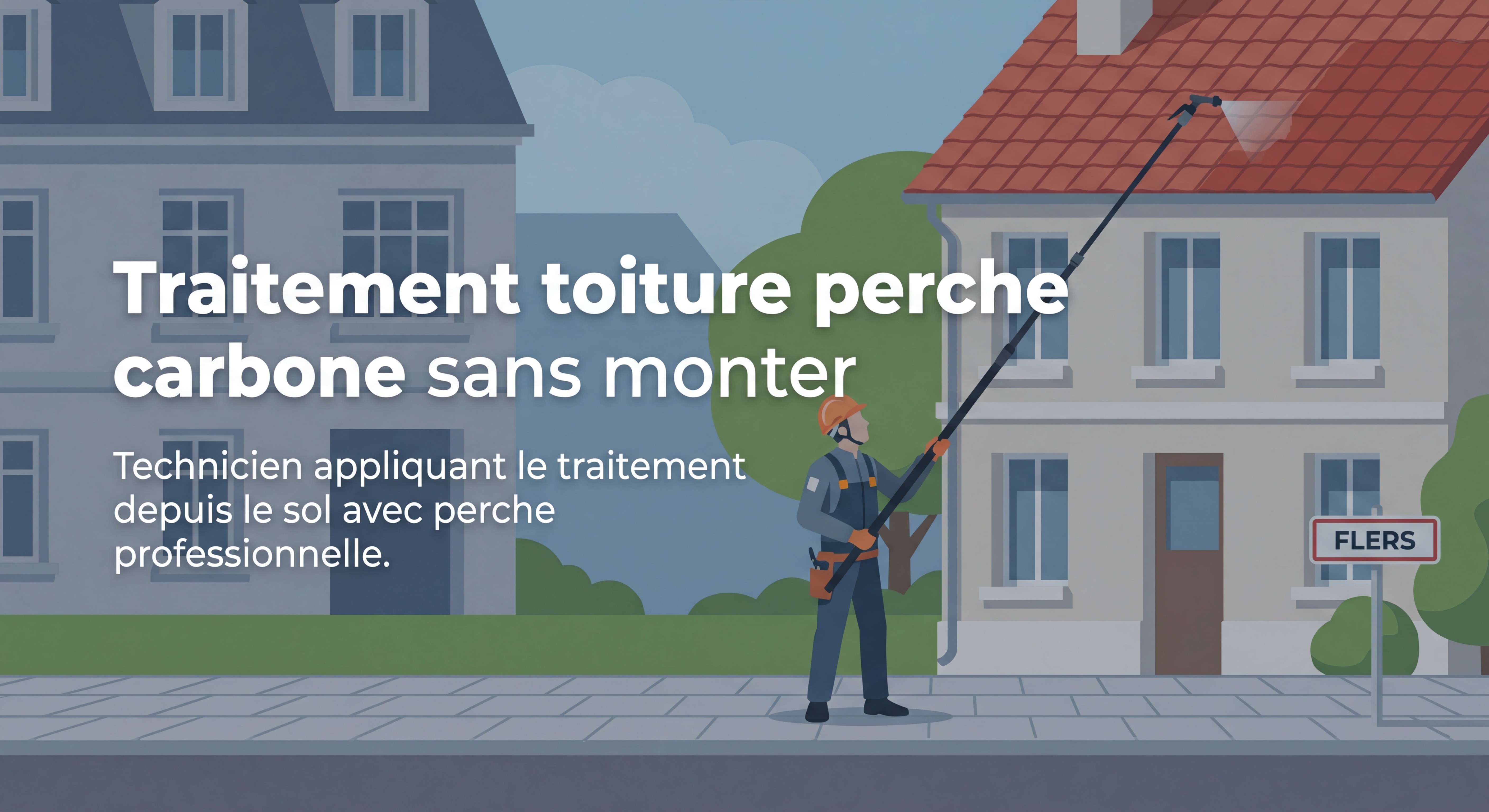Traitement toiture perche carbone sans monter Flers - Technicien appliquant le traitement depuis le sol avec perche professionnelle