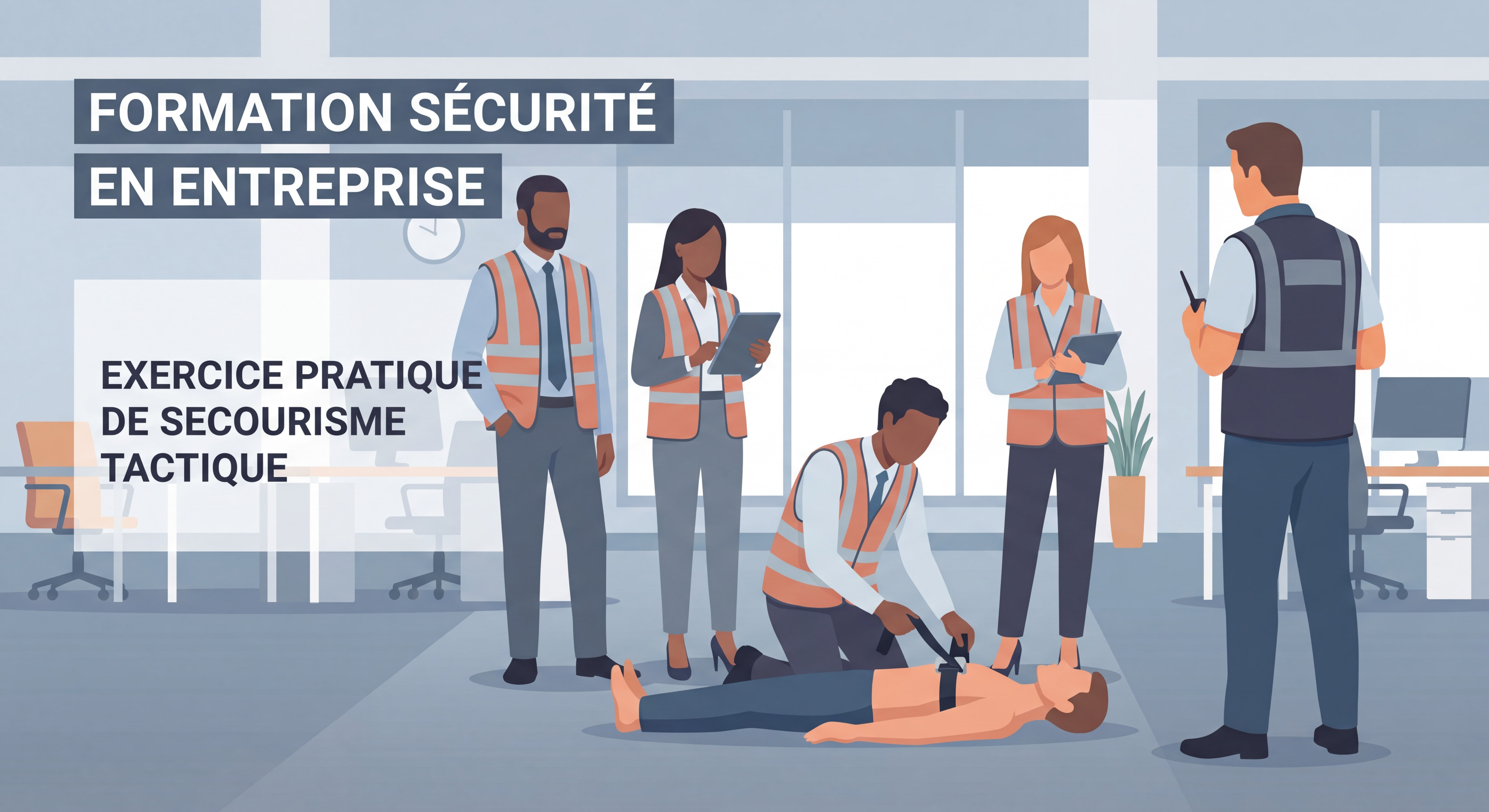 Formation menace terroriste en entreprise - Groupe de professionnels lors d'un exercice pratique de secourisme tactique avec formateur