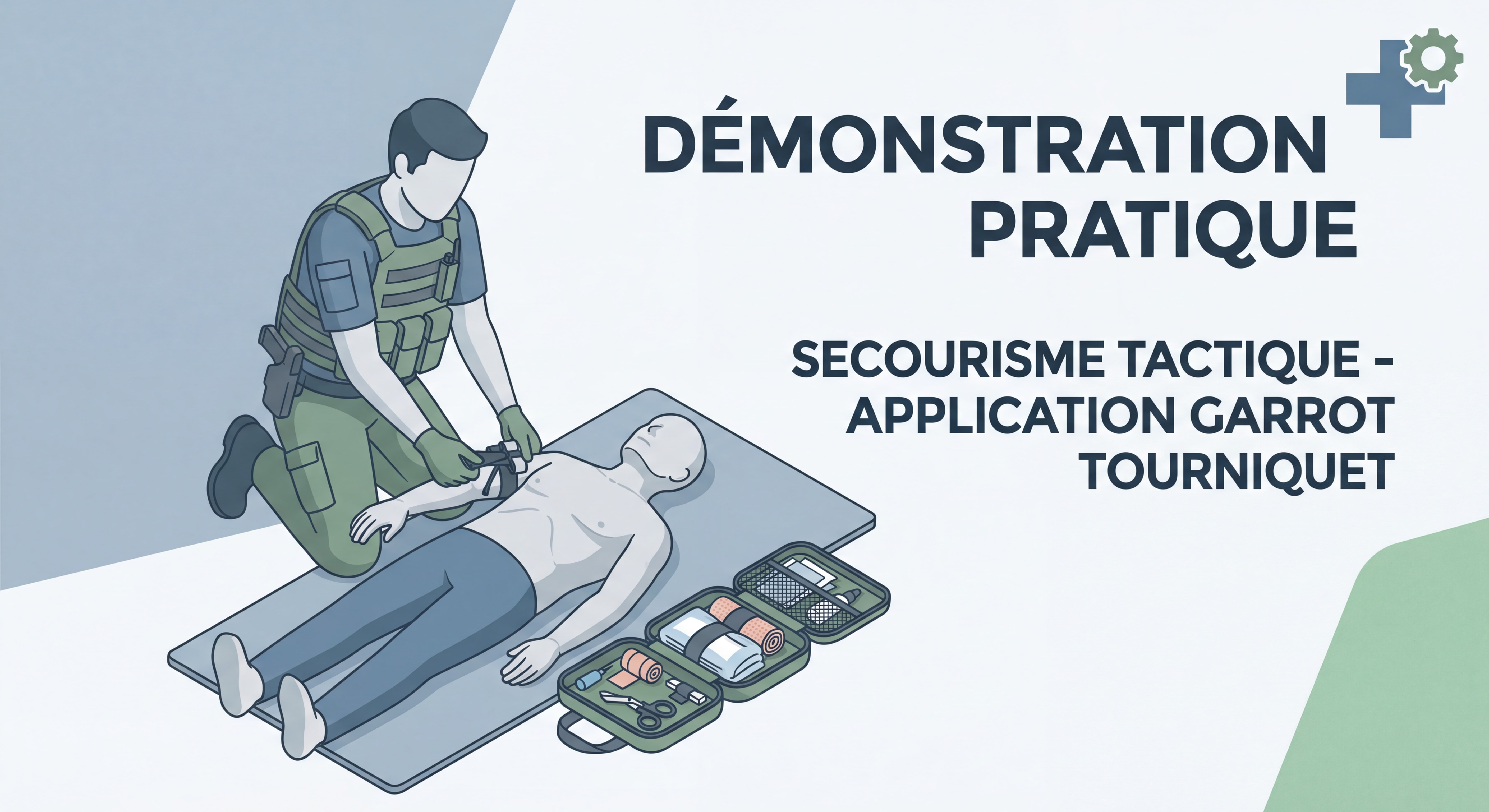 Démonstration pratique de secourisme tactique - Application d'un garrot tourniquet sur mannequin de formation avec matériel IFAK