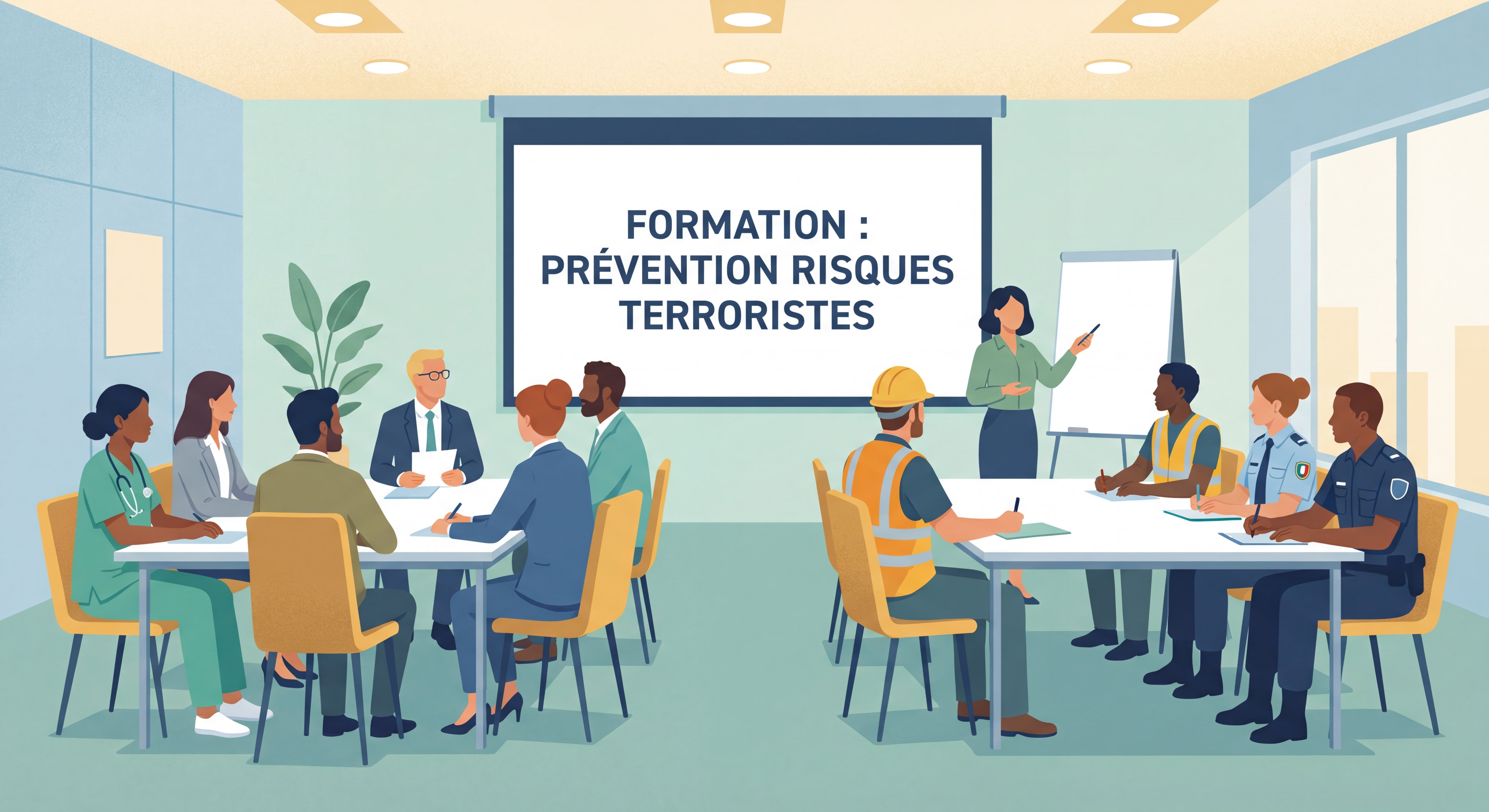 Professionnels de différents secteurs participant à une formation prévention risques terroristes - diversité des publics concernés