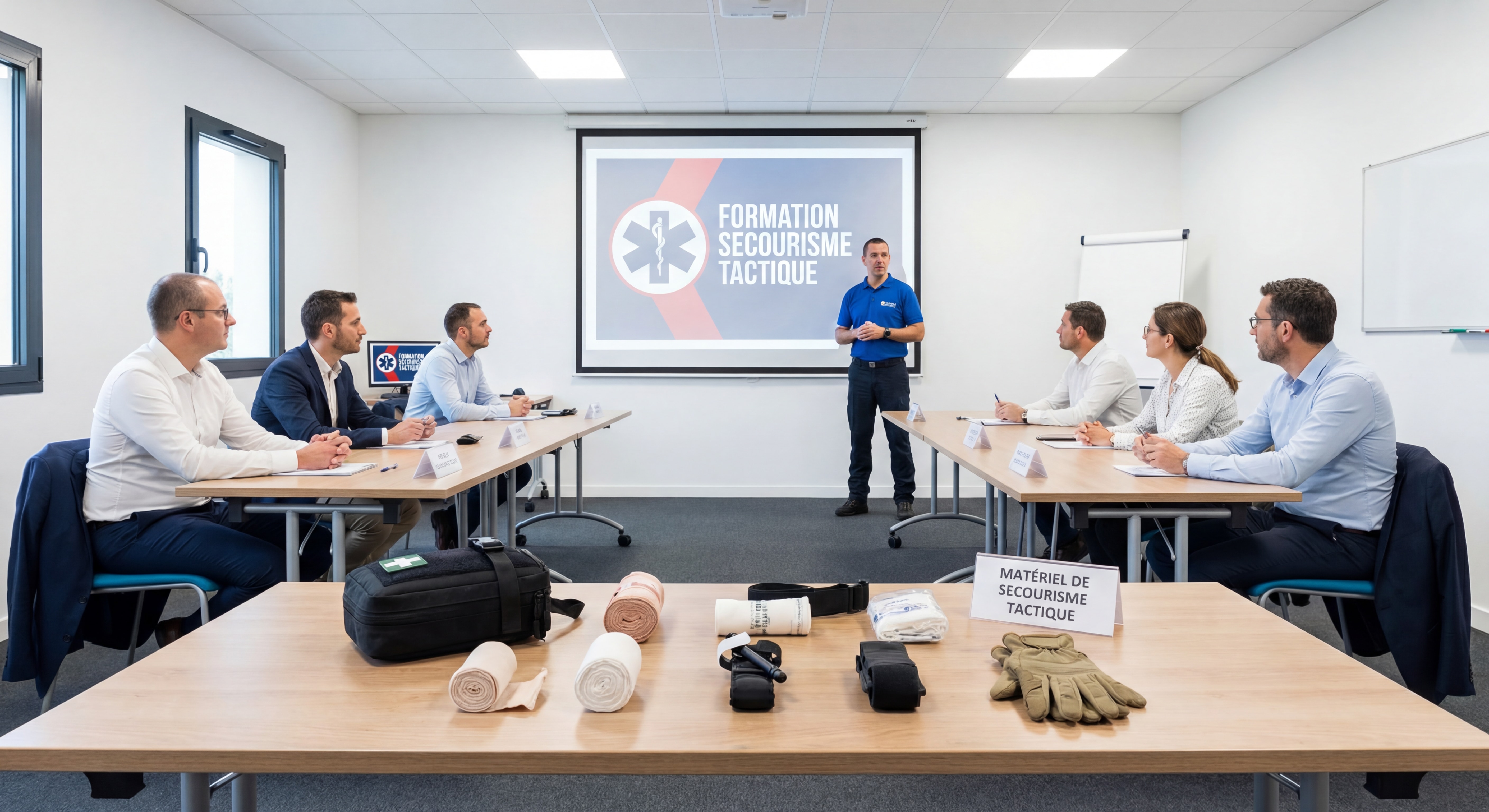 Salle de formation avec participants écoutant formateur devant écran de projection - Matériel de secourisme tactique disposé sur table au premier plan
