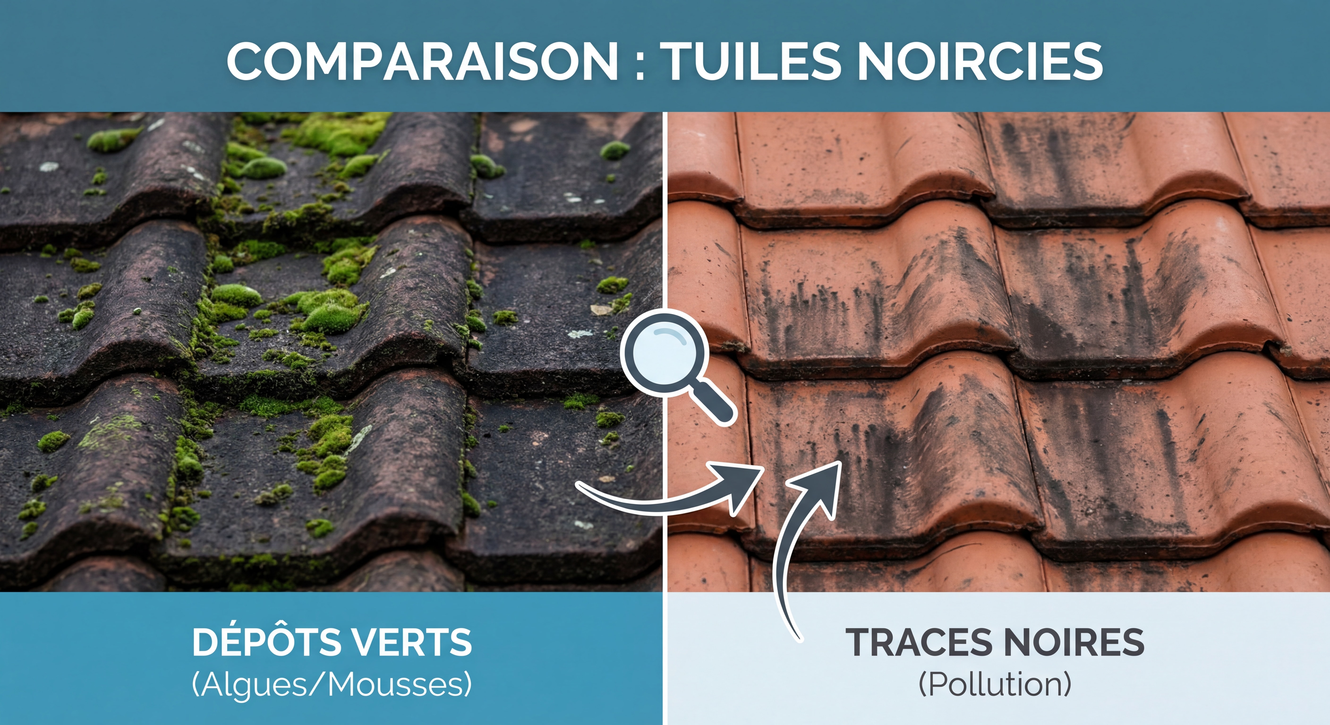 Gros plan sur tuiles noircies montrant la différence entre dépôts verts et traces noires de pollution