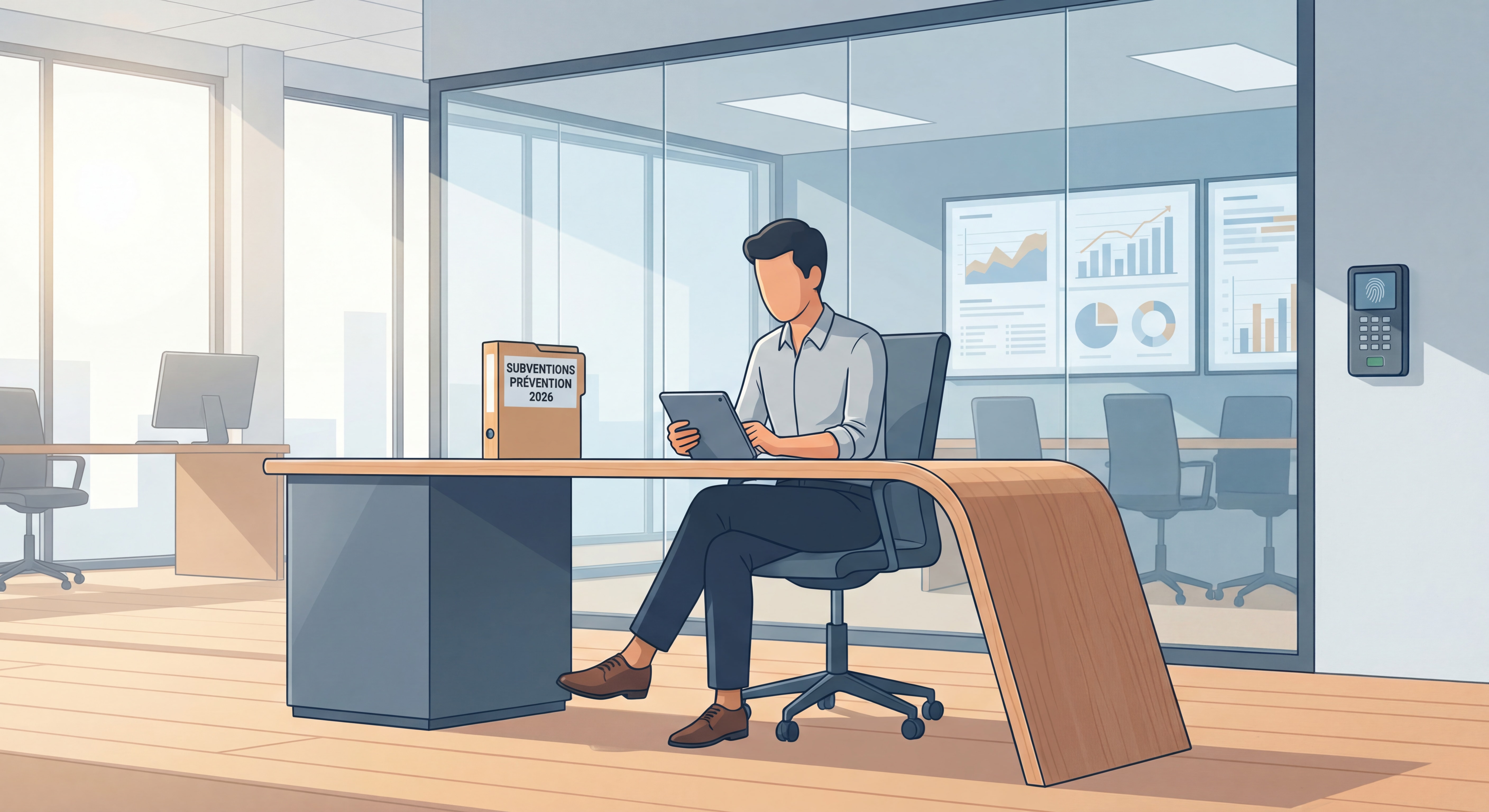 Professionnel consultant un document sur les subventions prévention 2026 dans un environnement de travail moderne et sécurisé