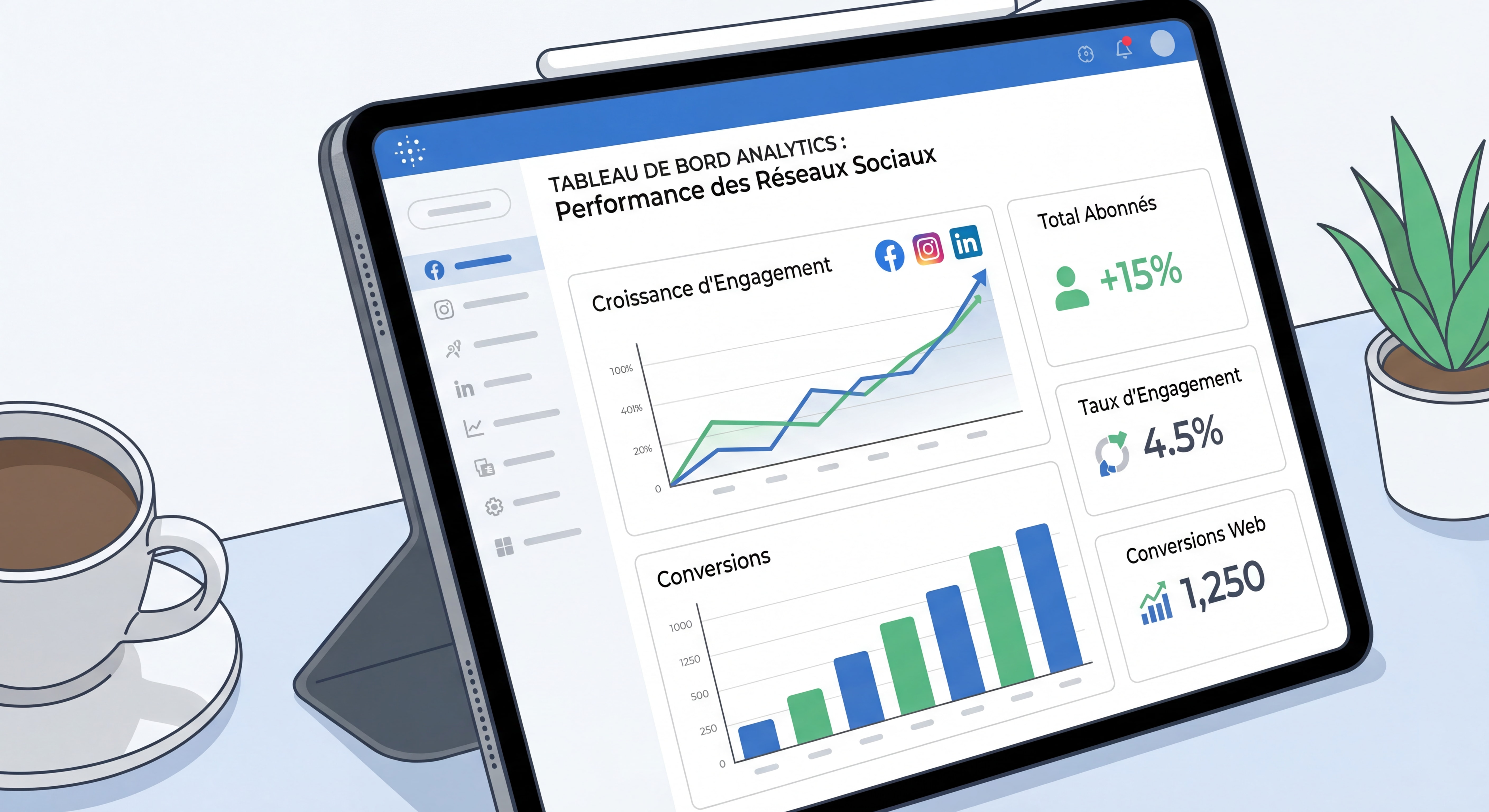 Tableau de bord analytics montrant les métriques de performance des réseaux sociaux avec graphiques de croissance d'engagement et de conversions