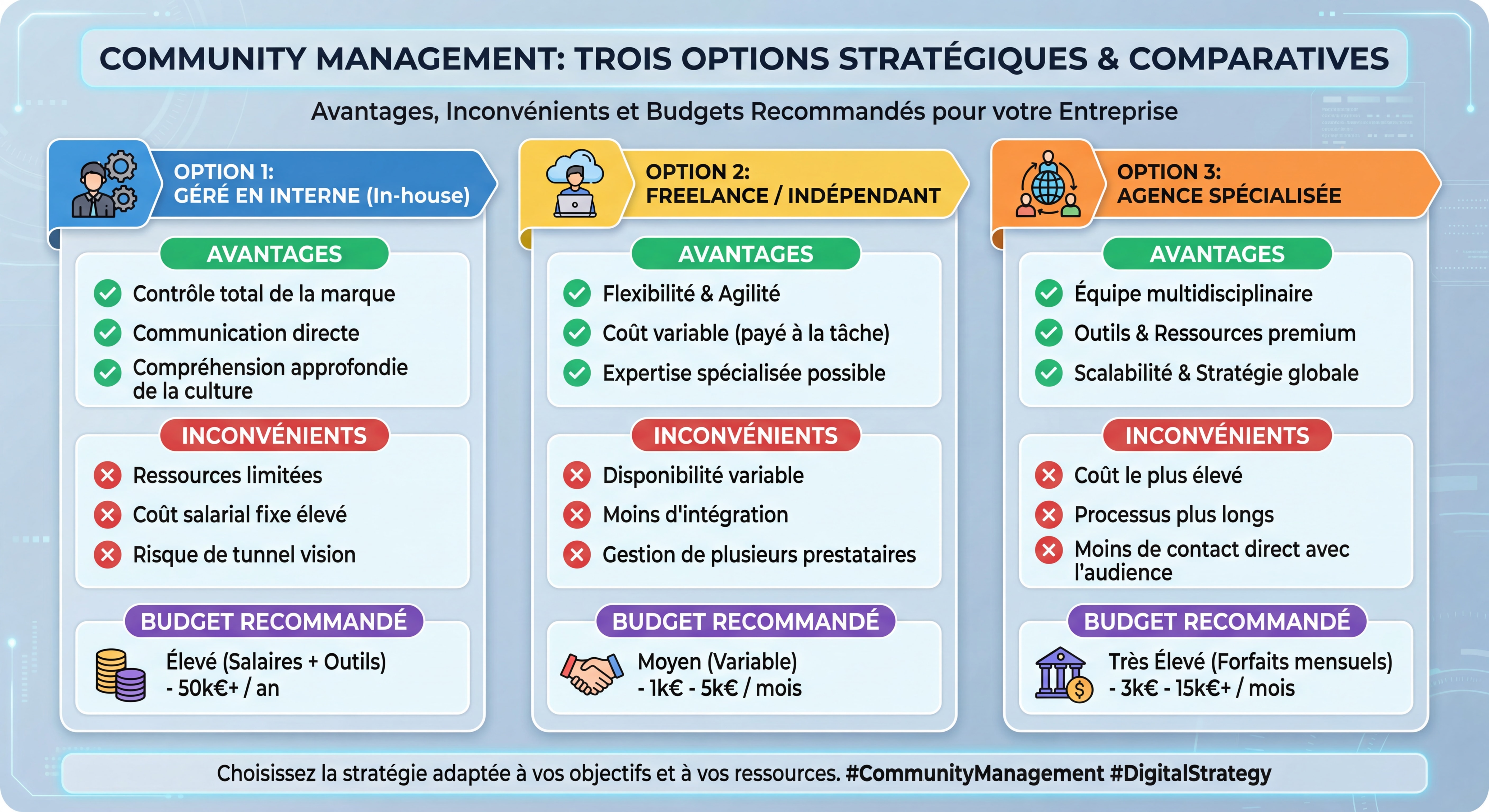 Infographie comparative montrant les trois options de community management avec leurs avantages, inconvénients et budgets recommandés