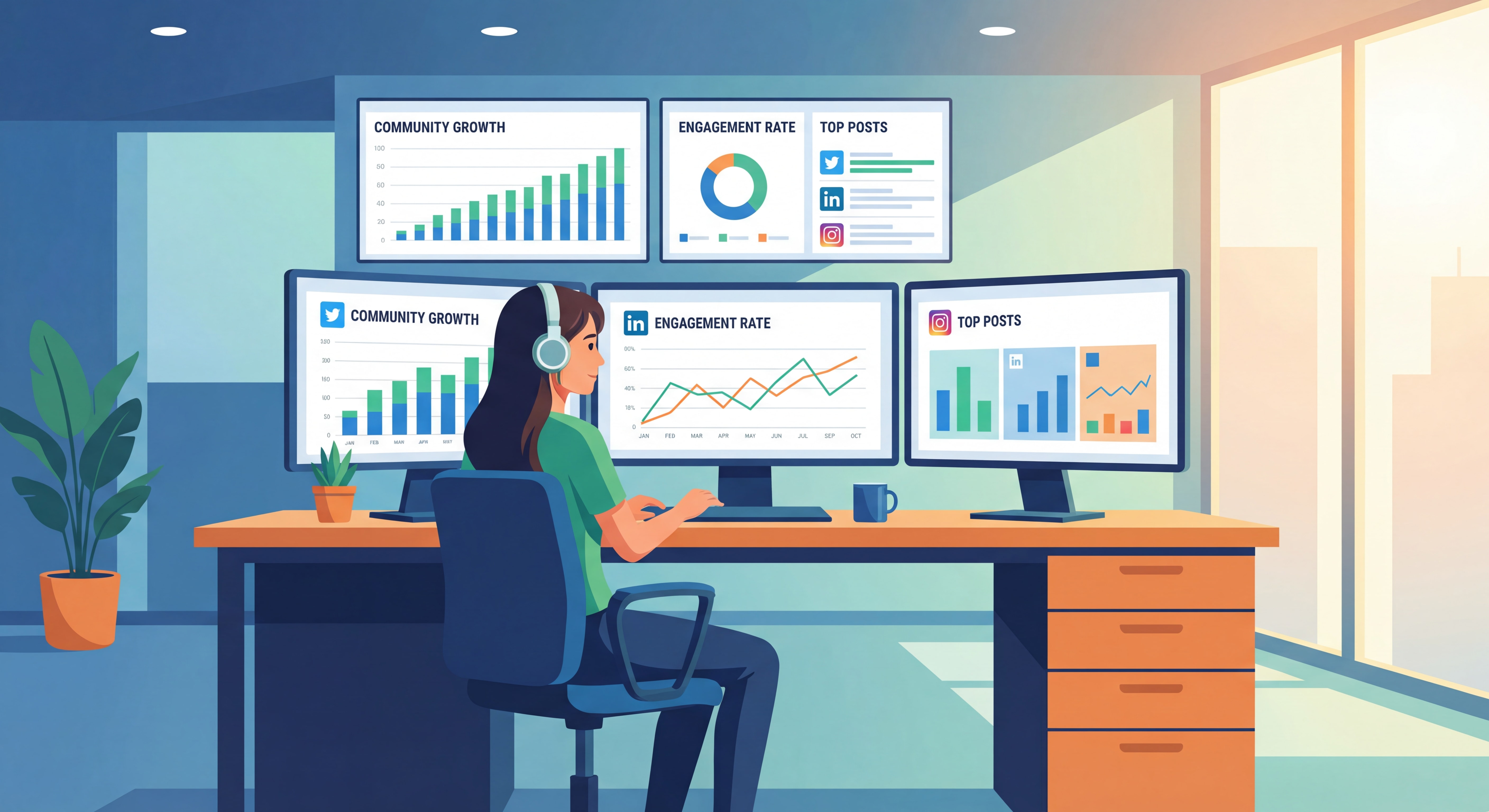 Community manager professionnel travaillant sur plusieurs écrans avec des statistiques de réseaux sociaux et des graphiques d'engagement