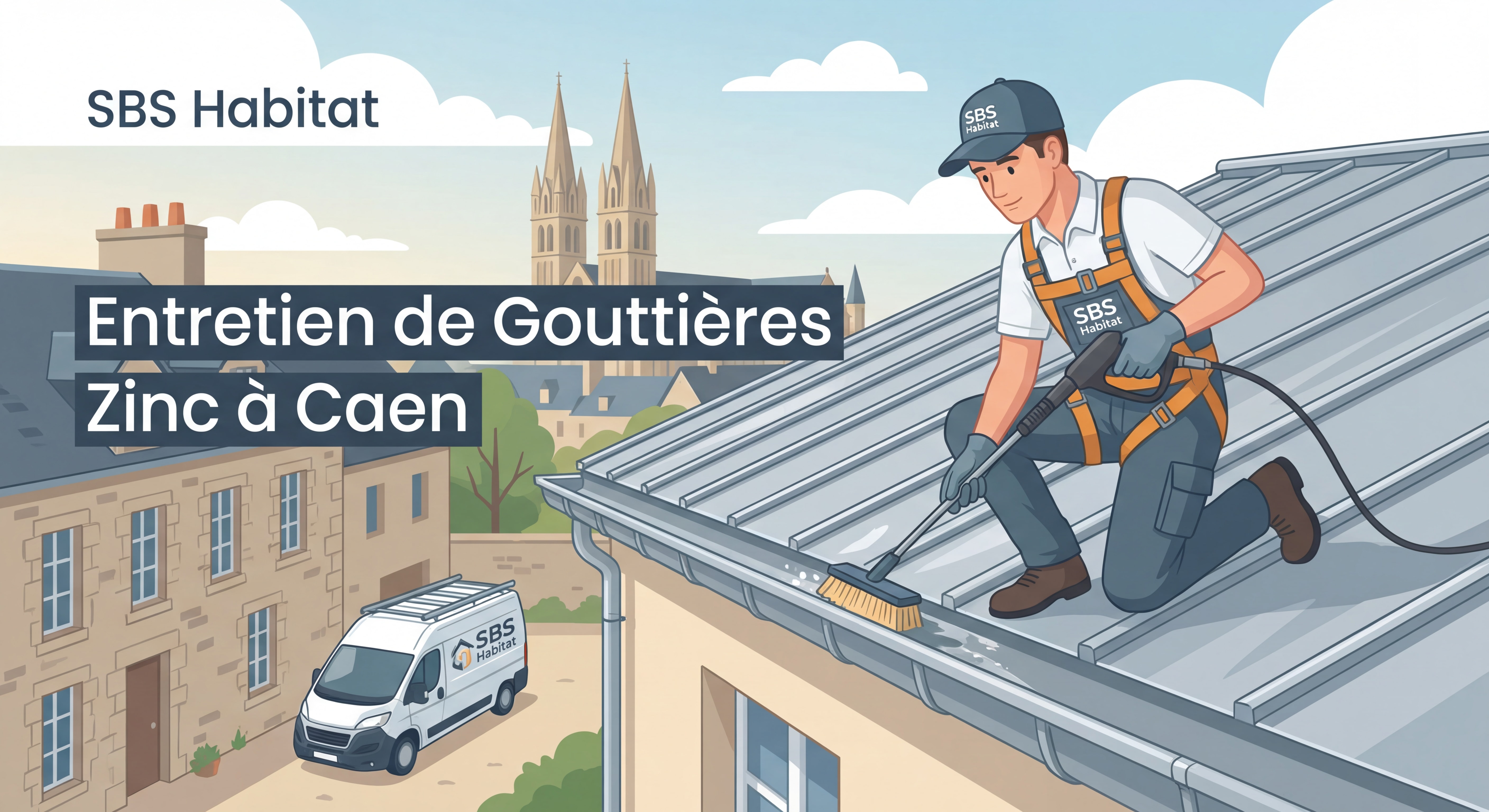 Artisan zingueur SBS Habitat nettoyant une gouttière en zinc à Caen avec équipement professionnel