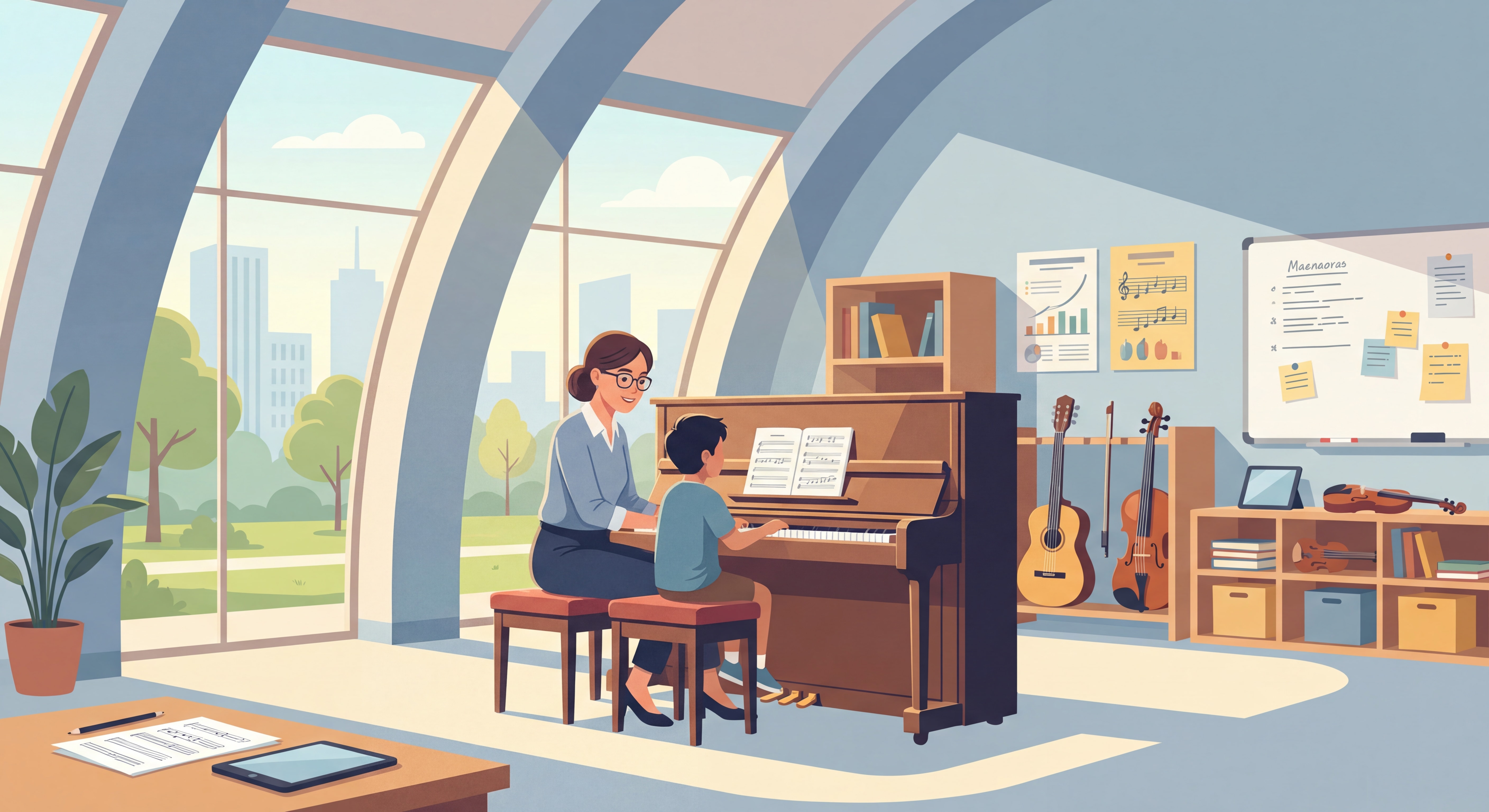 Professeur de musique donnant un cours de piano à un élève dans un studio moderne et lumineux, avec des instruments et du matériel pédagogique visible