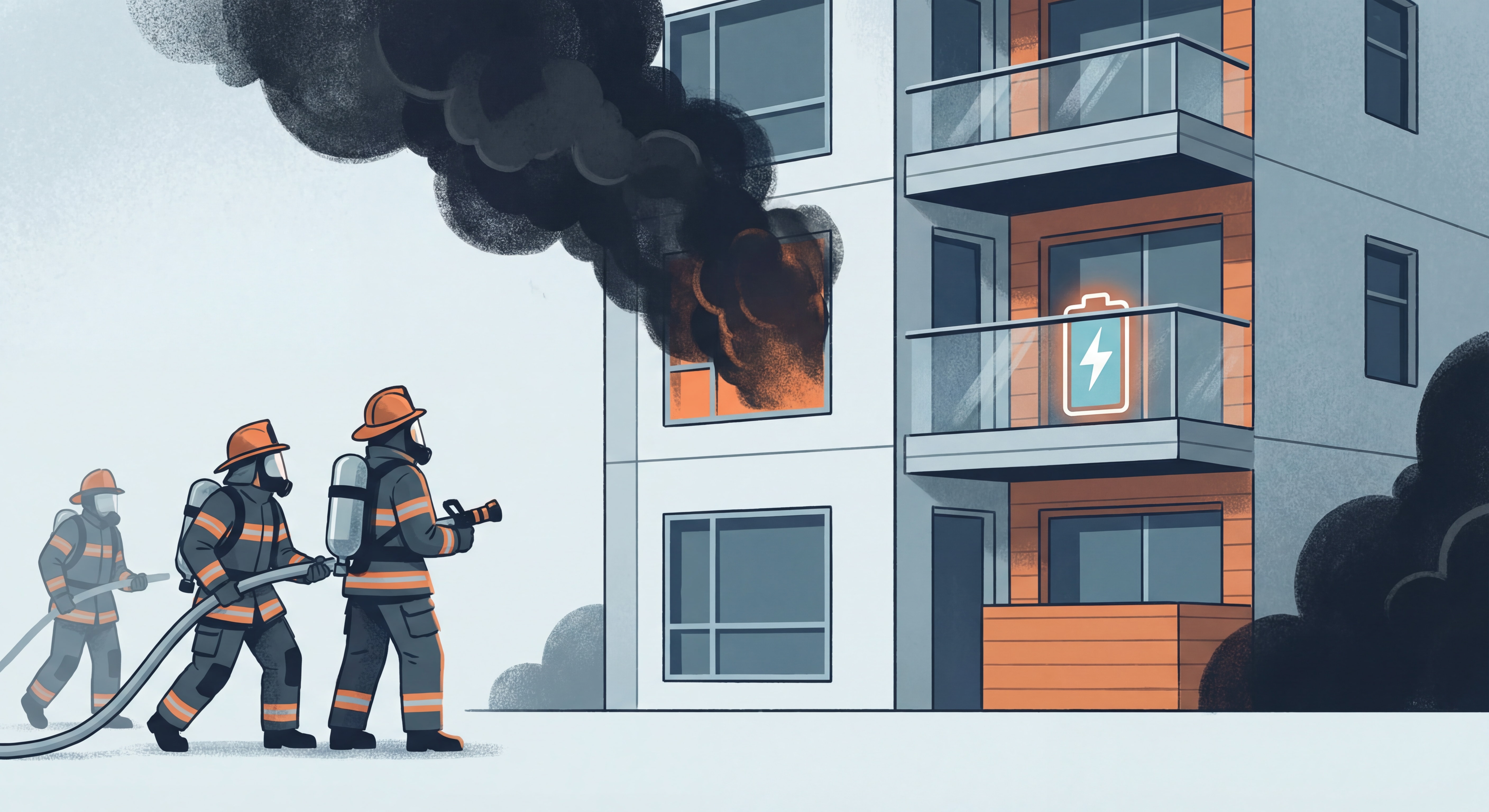 Pompiers intervenant sur un incendie de batterie lithium-ion dans un immeuble résidentiel, fumées noires denses